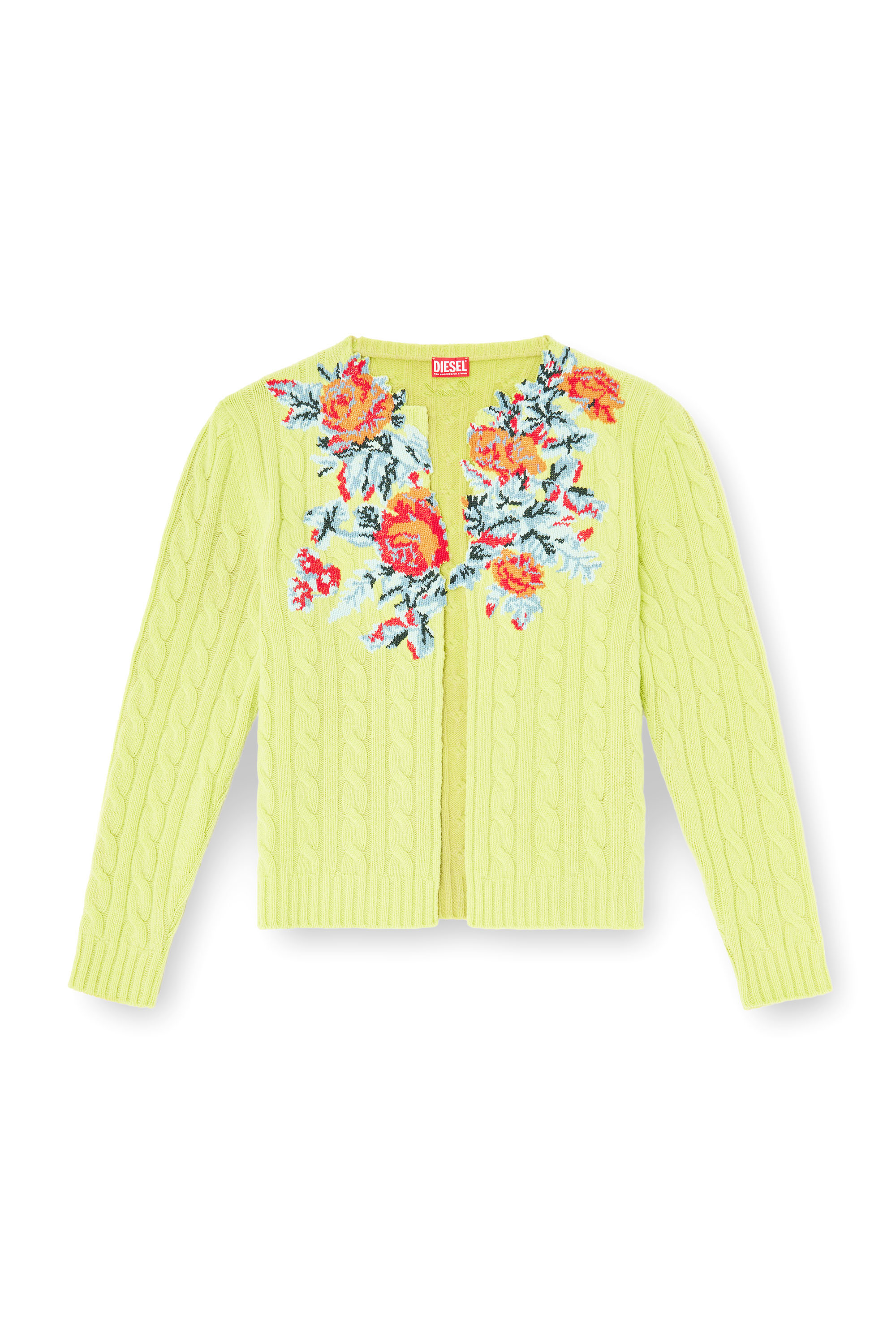 Diesel - K-RINO, Cardigan aperto in maglia a trecce floreale Uomo in Verde - 4