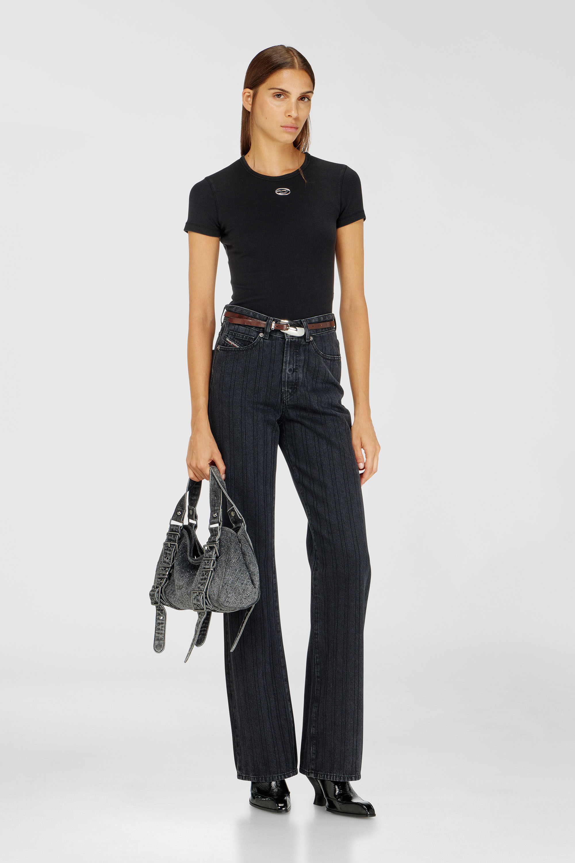 Diesel - D-ONE TOPHANDLE S, D-One-Borsa piccola a mano in denim solarizzato con cristalli Donna in Nero - 3