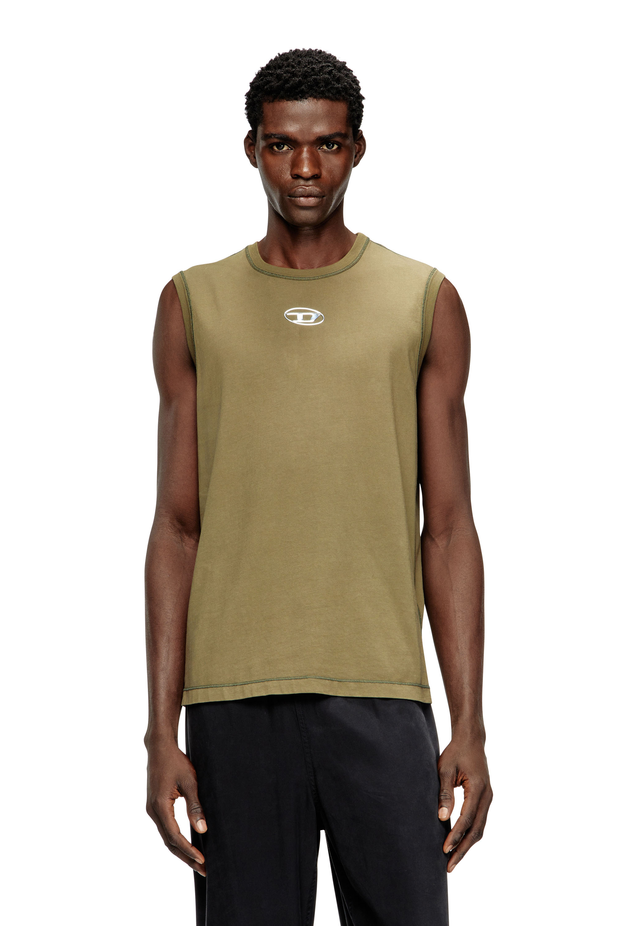 Diesel - T-BISCO-IOD, Top in cotone senza maniche con Oval D metallizzata Uomo in Verde - 1