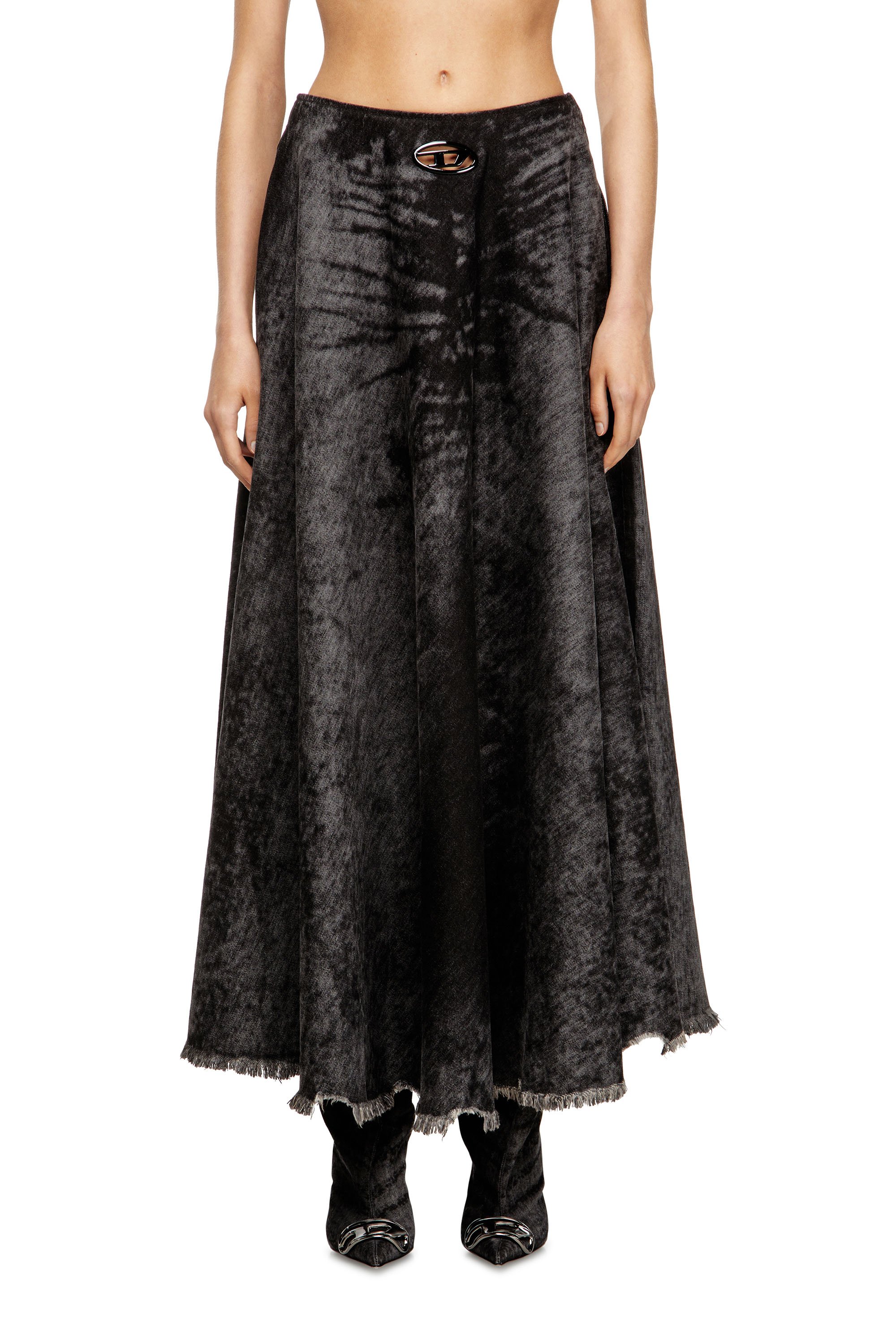 Diesel - DE-HANNIE-FSH, Woman's Full skirt in lasered cotton-hemp denim in Black - 1