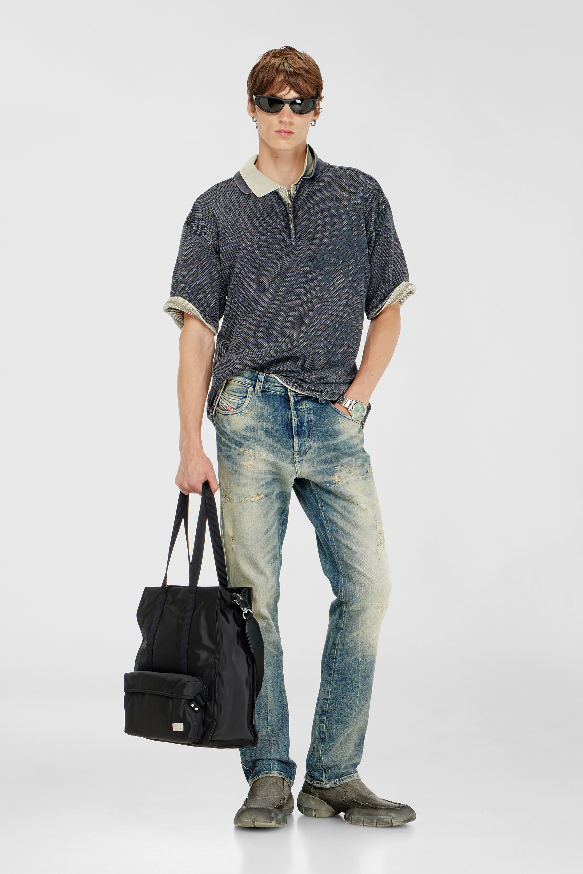 Diesel - T-ERRY-ZIP, Polo in mesh jacquard con stampa Phoenix Uomo in Grigio - 1