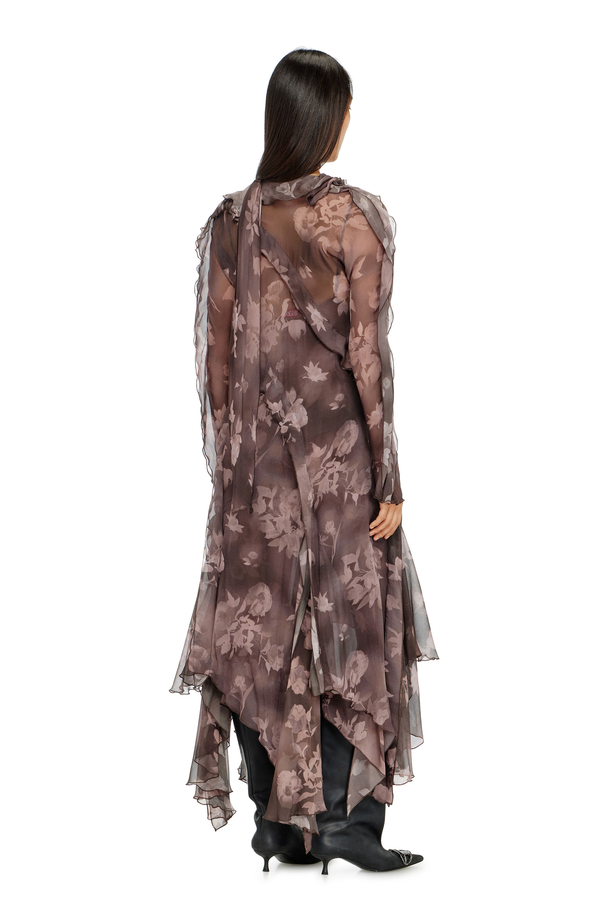 Diesel - D-RIADI, Abito midi asimmetrico in chiffon e cr&ecirc;pe di seta Donna in Marrone - 4