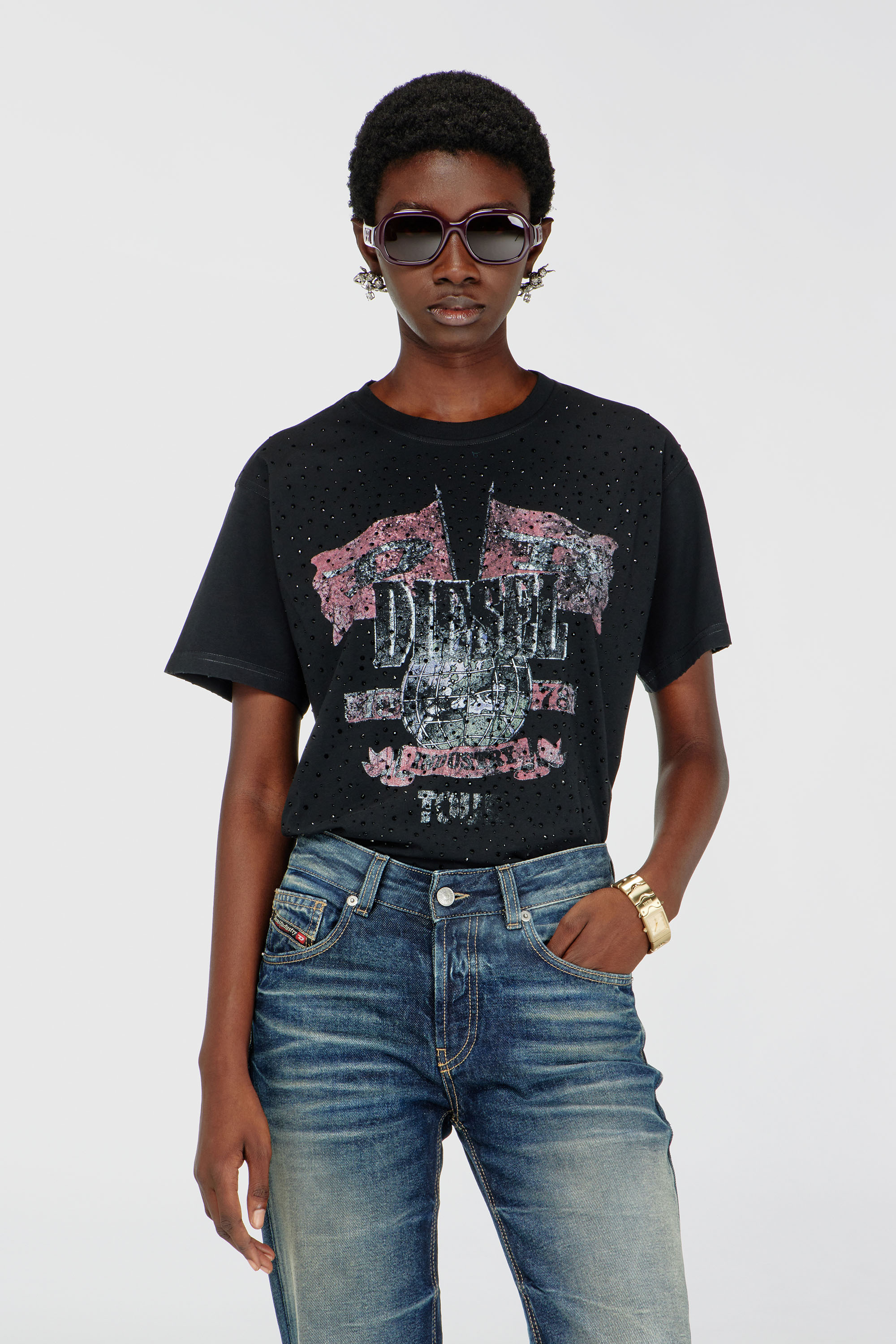 Diesel - T-MARLY, Woman's T-shirt with concert graphics and crystals in null - 1
