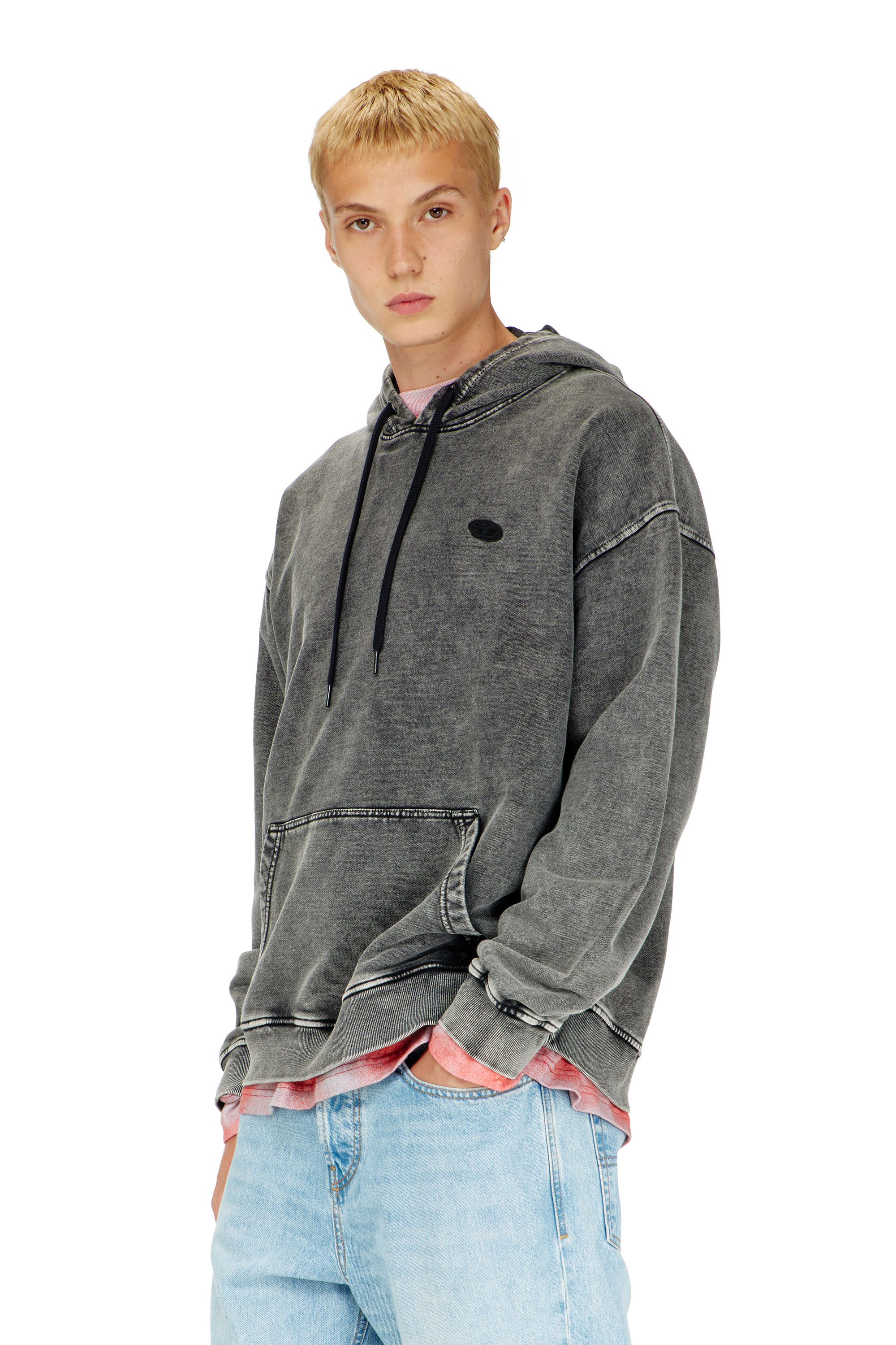 Diesel - S-BOXT-HOOD-DEN, Felpa con cappuccio con toppa posteriore tagliata a vivo Uomo in Grigio - 1