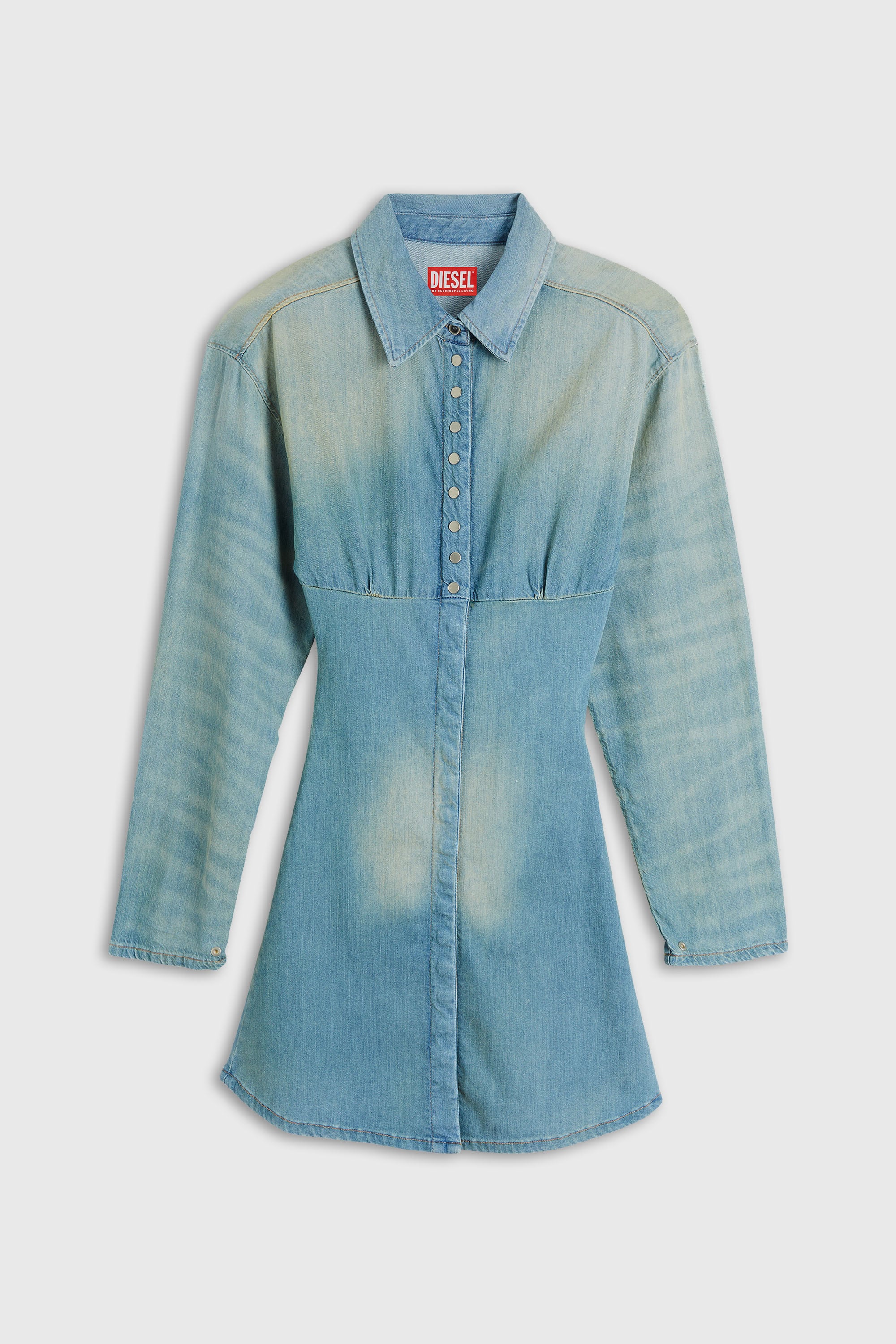 Diesel - DE-VIOLIM-S, Woman's Denim mini shirt dress with sectioned design in Light Blue - 1