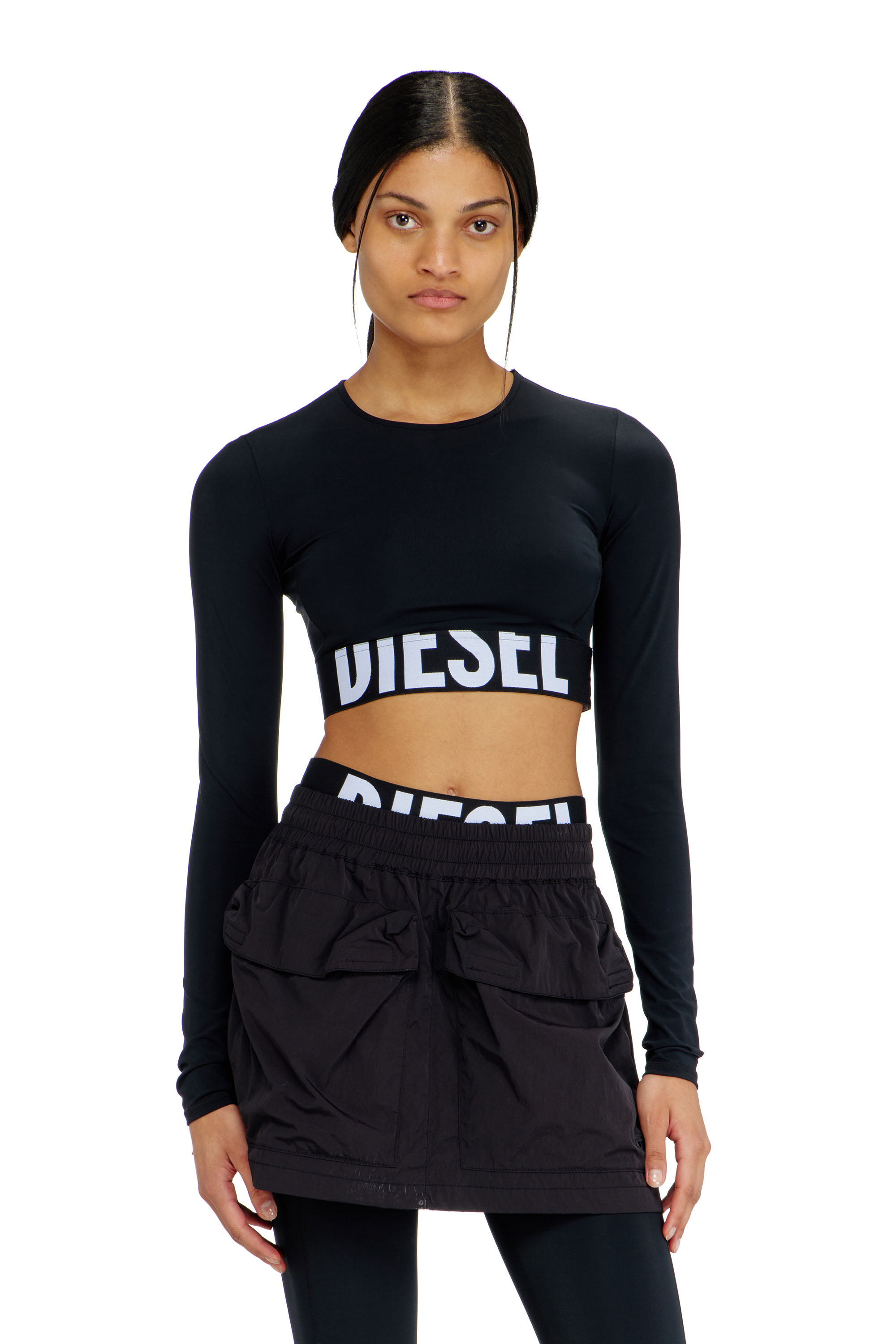 Diesel - MELISSA-D-POP, Crop top in microfibra con logo tagliato Donna in Nero - 5