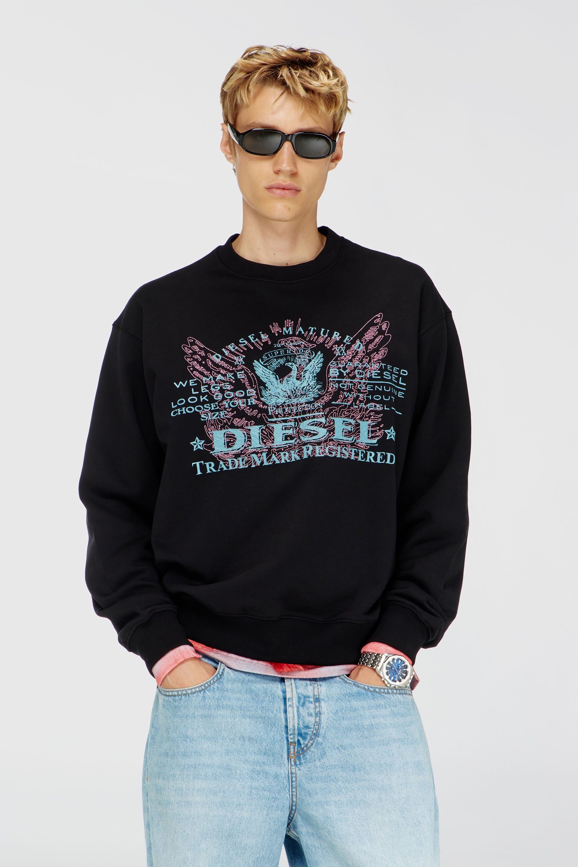 Diesel - S-LUK-R-FEN-T92, Felpa in cotone con stampa grafica Uomo in Nero - 1