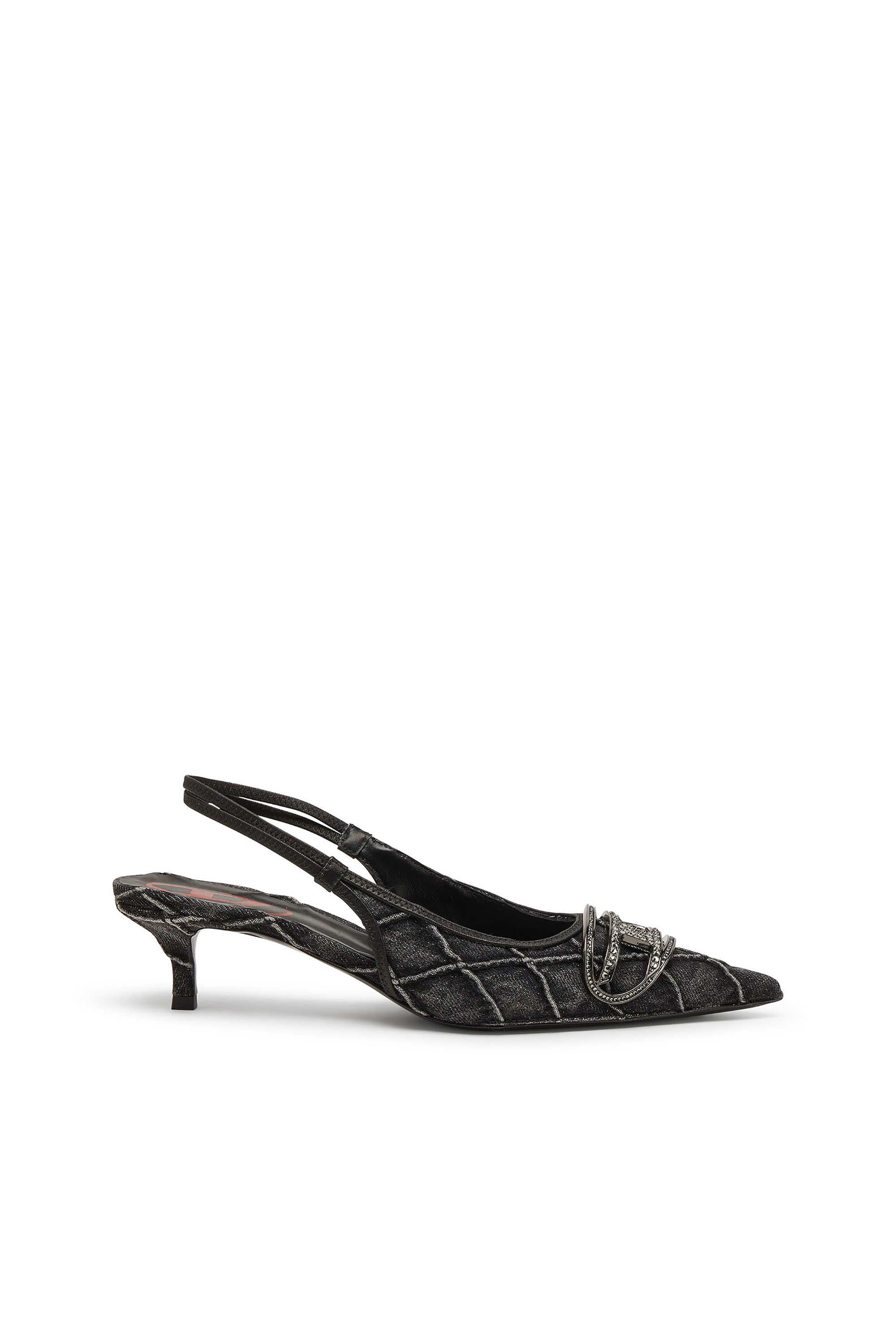 Diesel - D-VENUS SB 40, D-Venus-Slingback in denim trapuntato con logo in strass Donna in Nero - 1