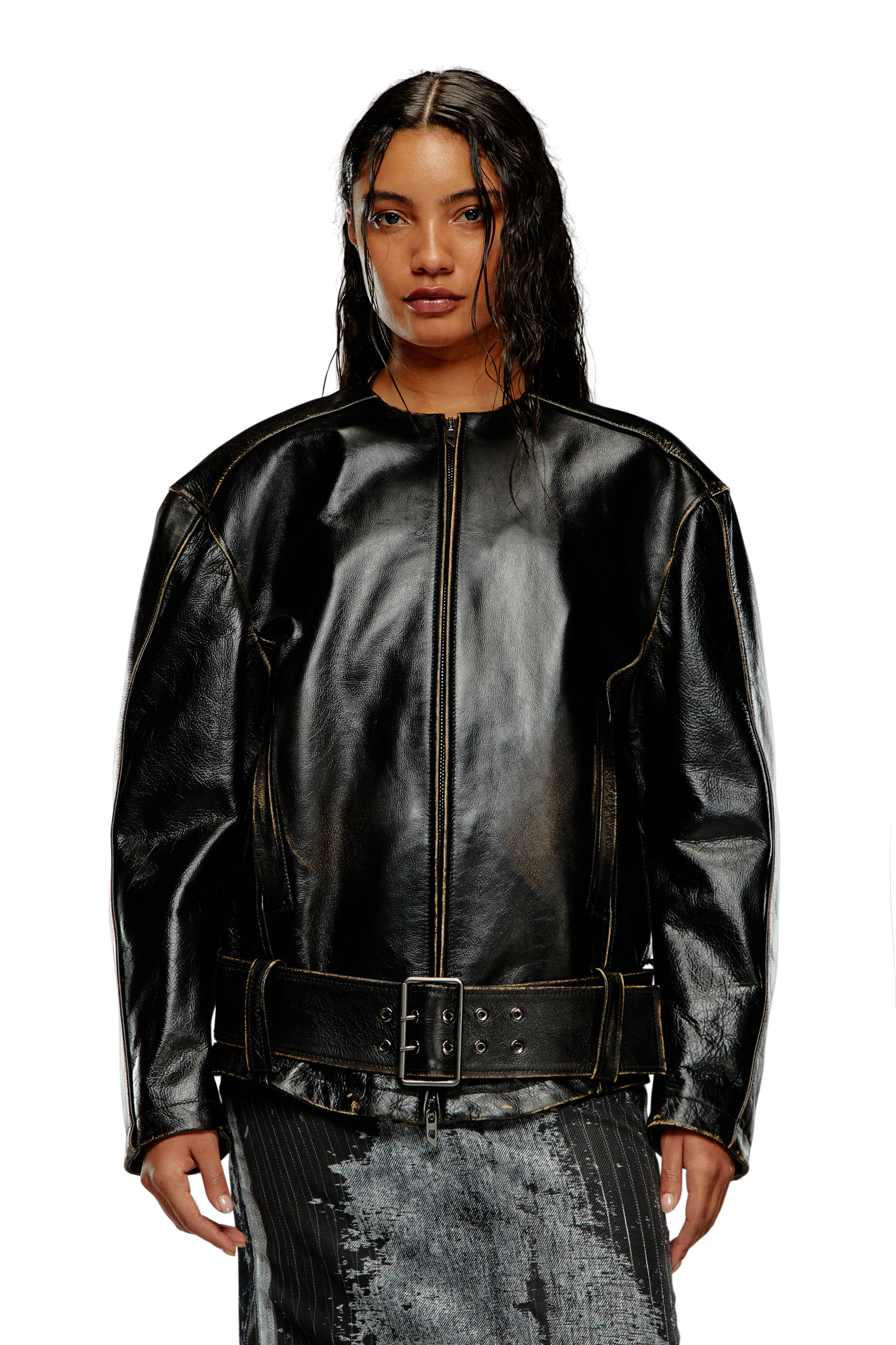 Diesel - L-MARGY, Woman Oversized biker jacket in brushed leather in Black - Image 6