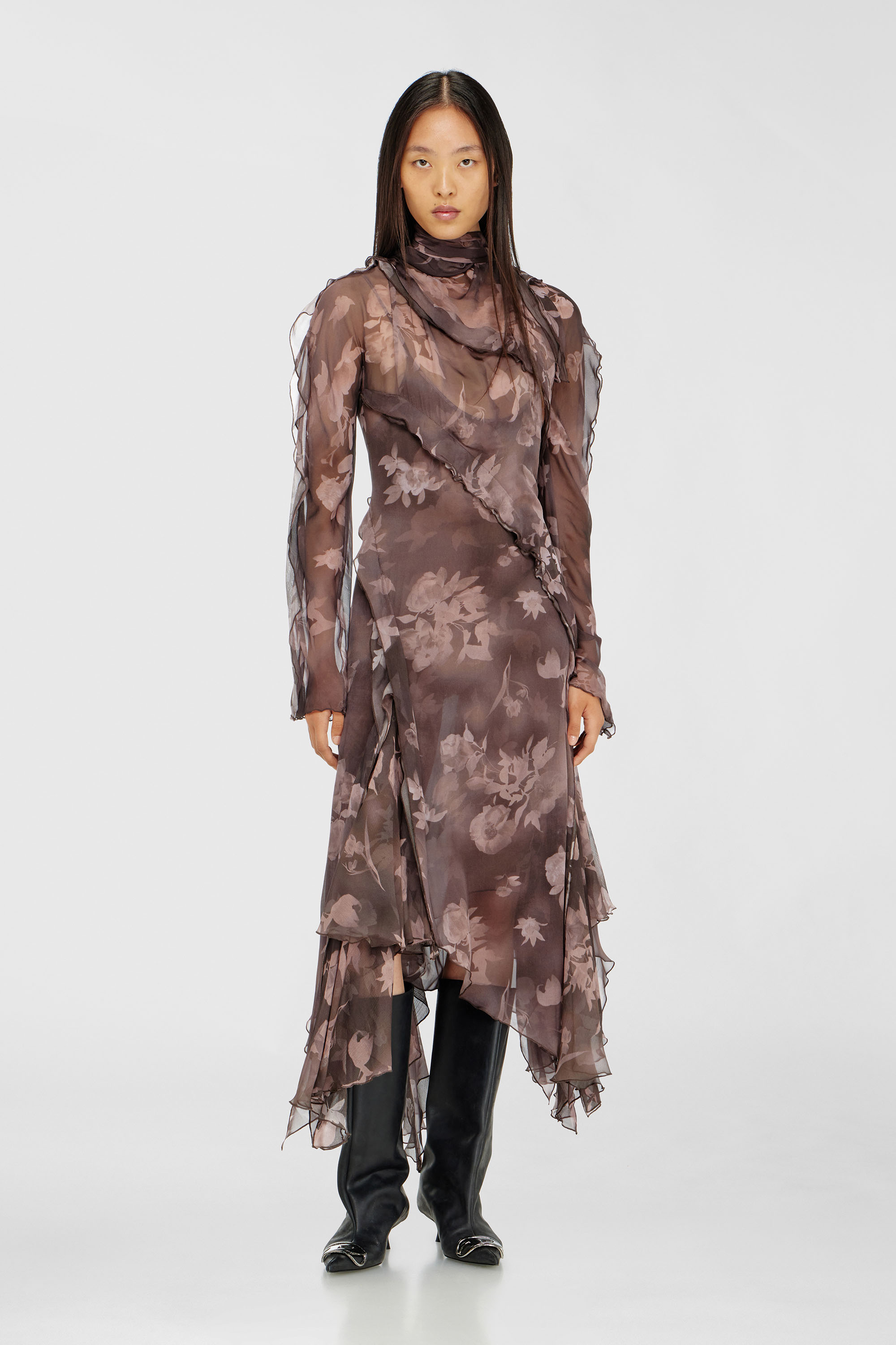 Diesel - D-RIADI, Abito midi asimmetrico in chiffon e cr&ecirc;pe di seta Donna in Marrone - 1