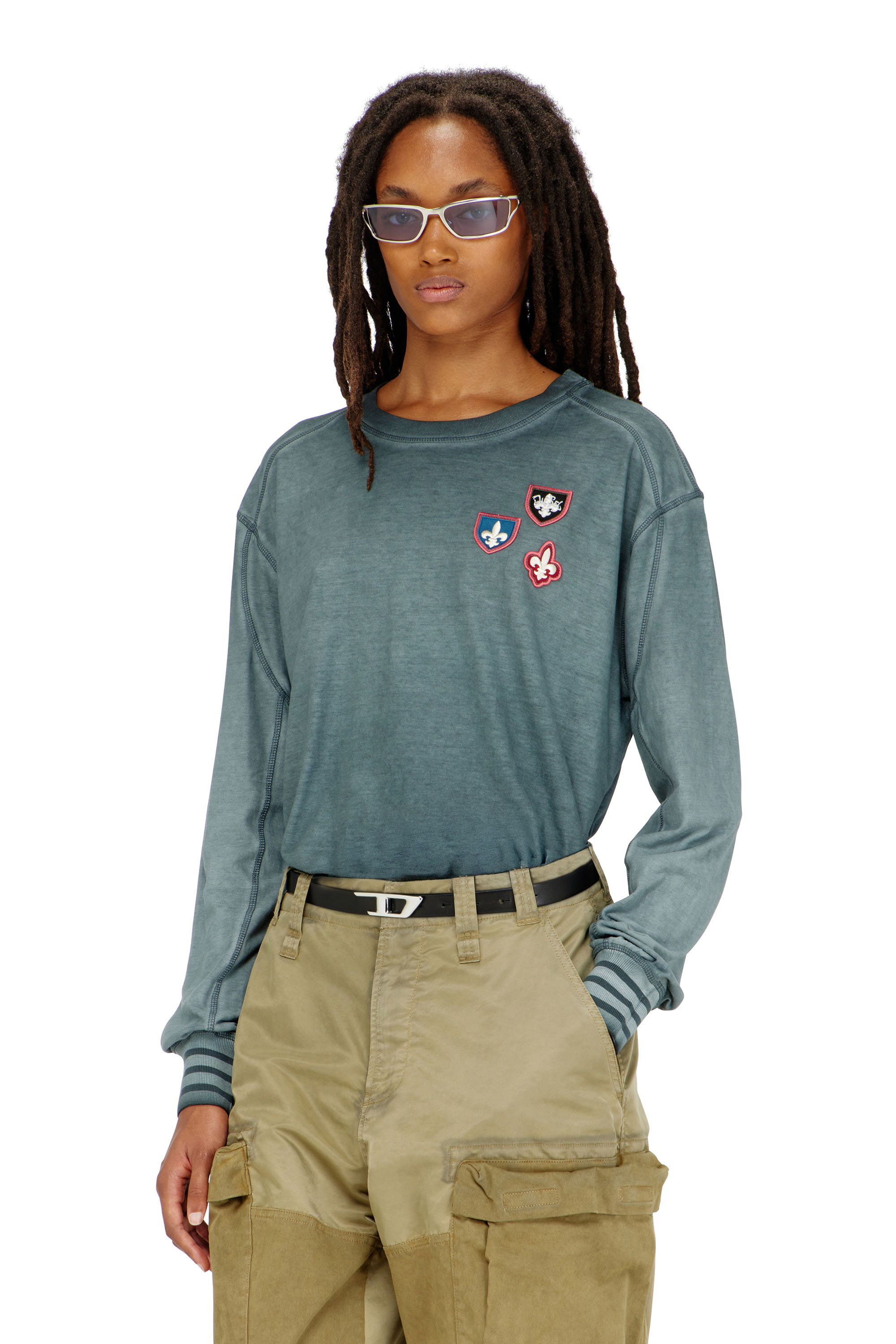 Diesel - T-BAWYE-LS, T-shirt con patch e inserti microwaffle Donna in Blu - 1