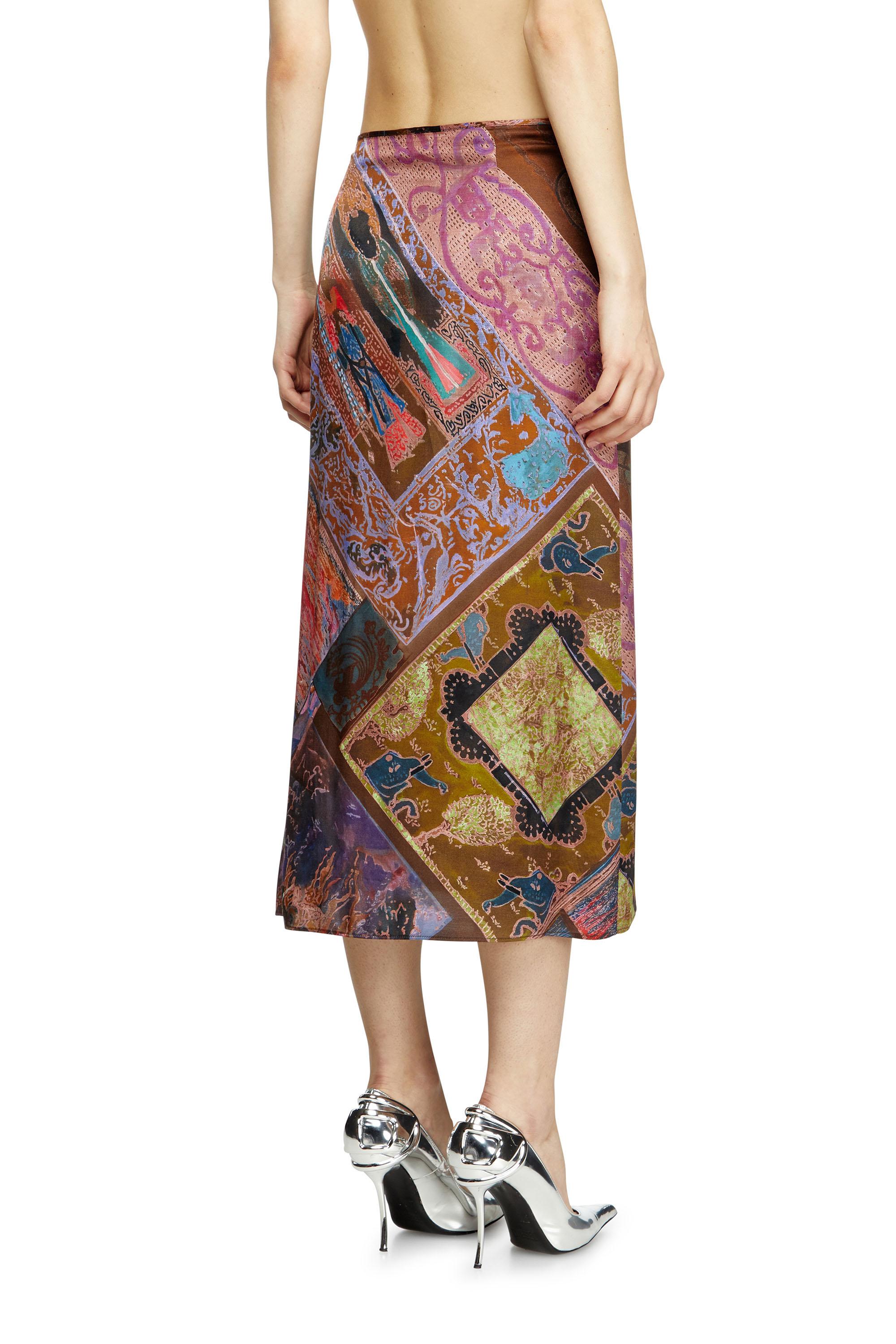 Diesel - O-RCHID, Gonna midi in viscosa con stampa araldica Donna in Marrone - 4