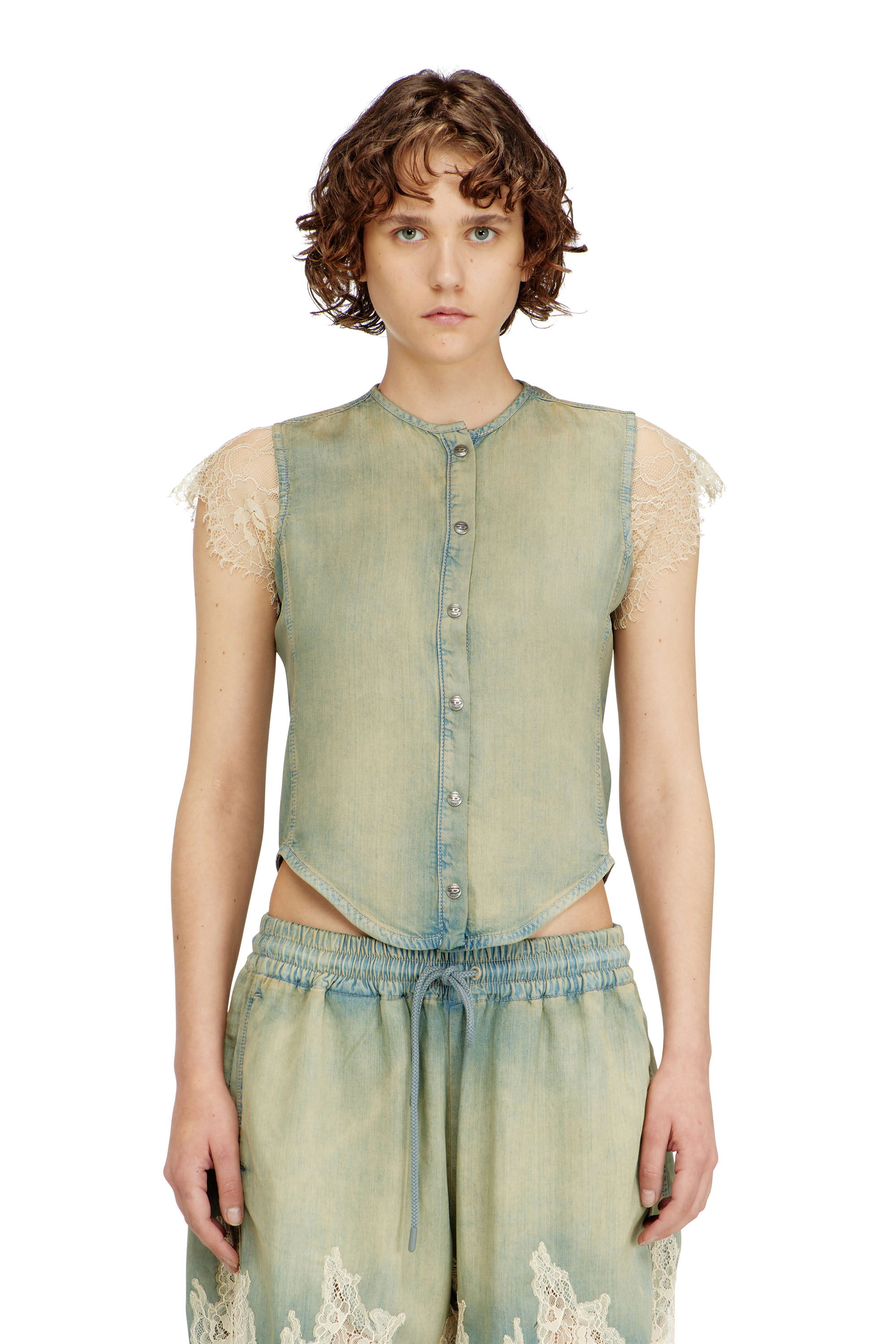 Diesel - DE-MALKA-S, Camicia a maniche corte in denim e pizzo Donna in ToBeDefined - 1