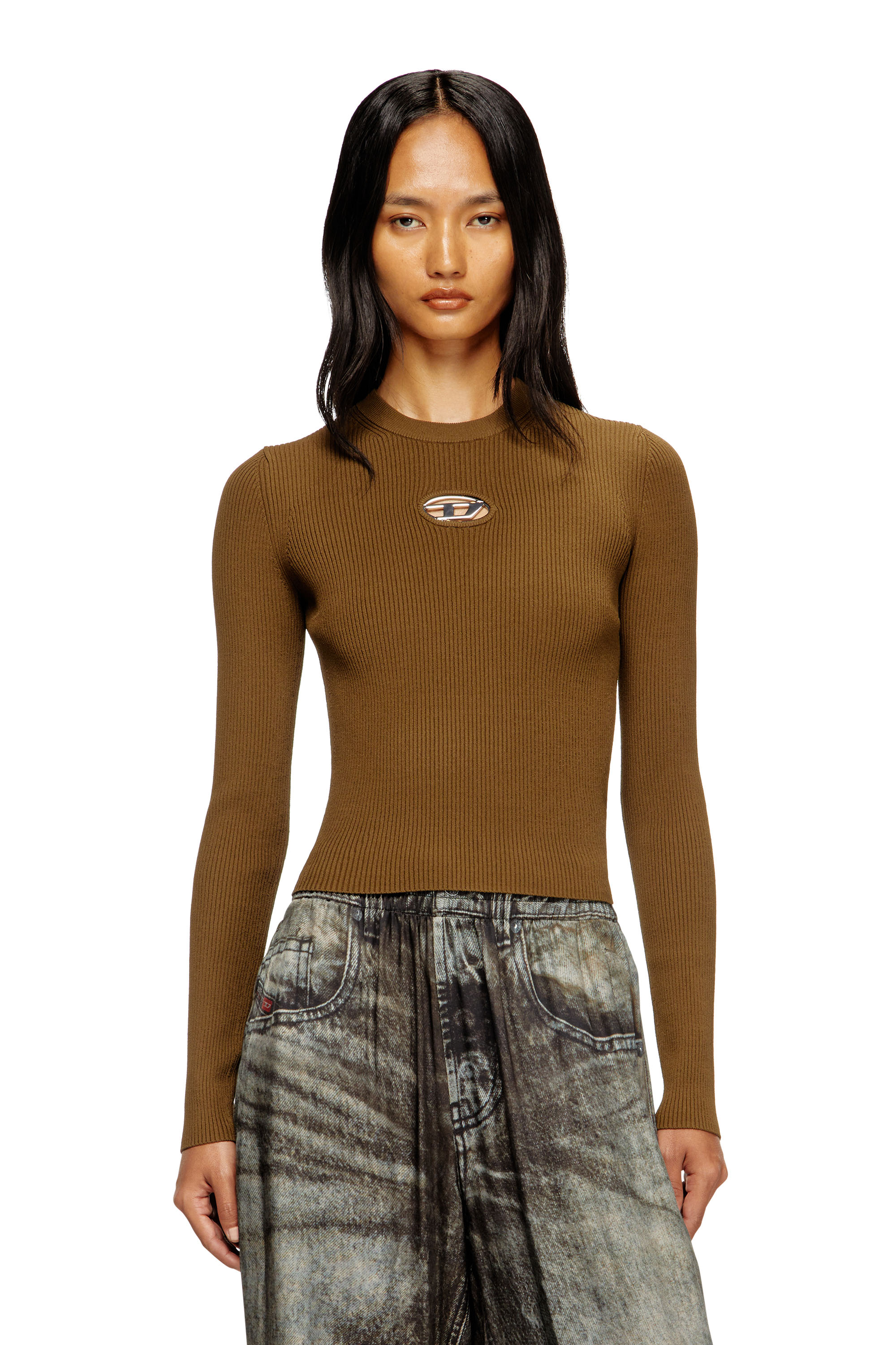 Diesel - M-VALARI, Top a coste in viscosa con Oval D Donna in Verde - 1