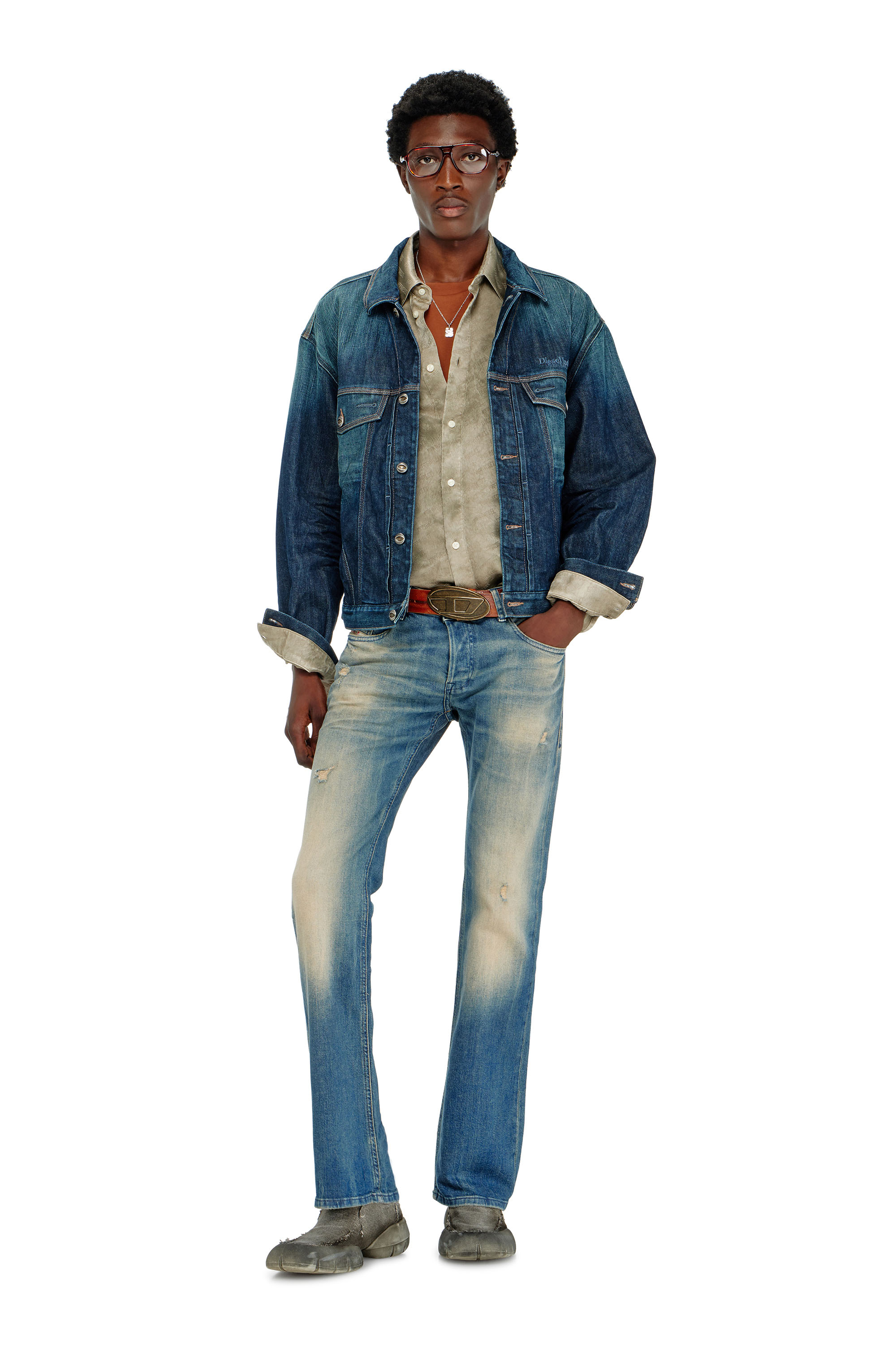 Diesel - S-KISSY-HNBW, Camicia in raso crinkle jacquard con logo Uomo in Marrone - 2