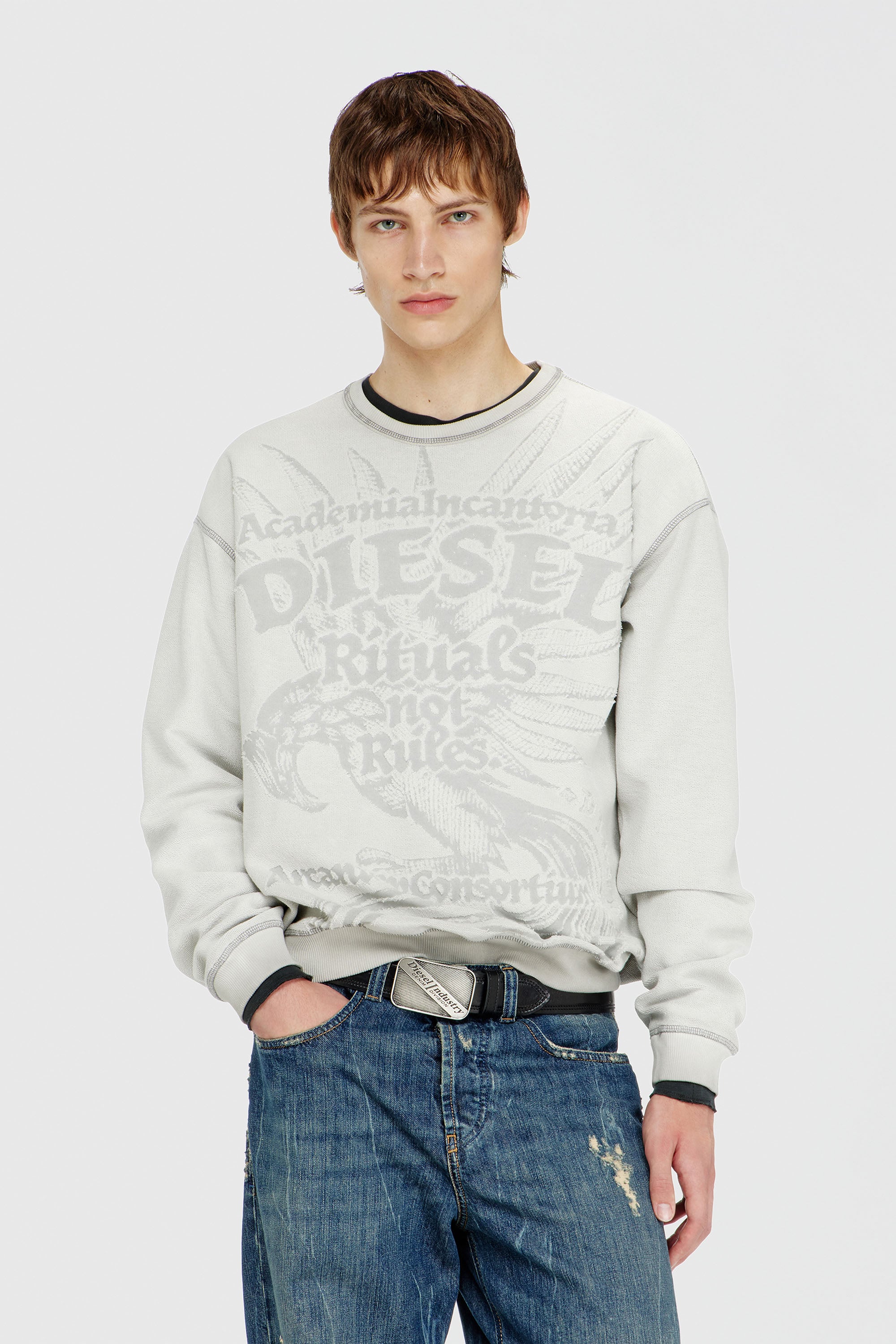 Diesel - S-ARON-RAW, Felpa con stampa d&eacute;vor&eacute; Uomo in Grigio - 1