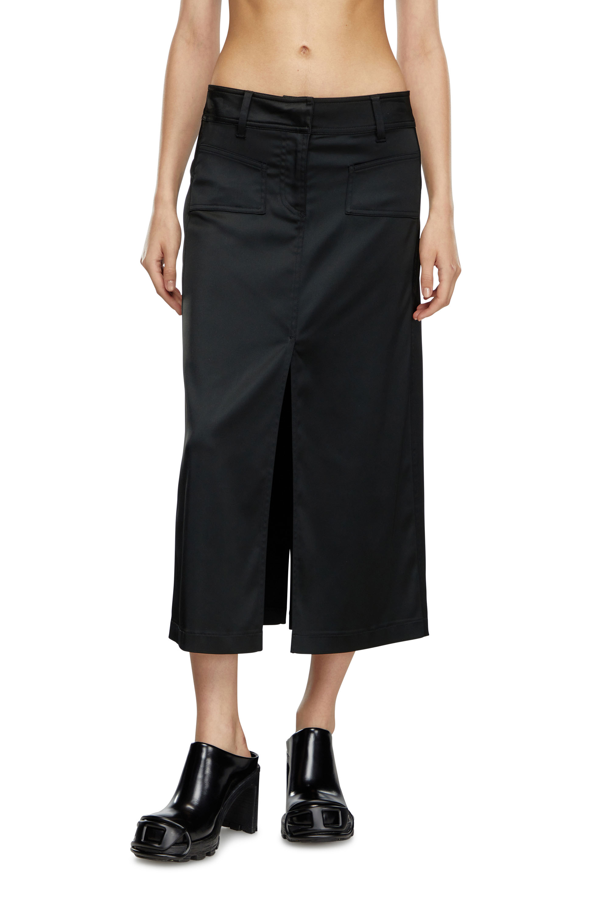 Diesel - O-YAN, Gonna midi in raso stretch Donna in Nero - 1