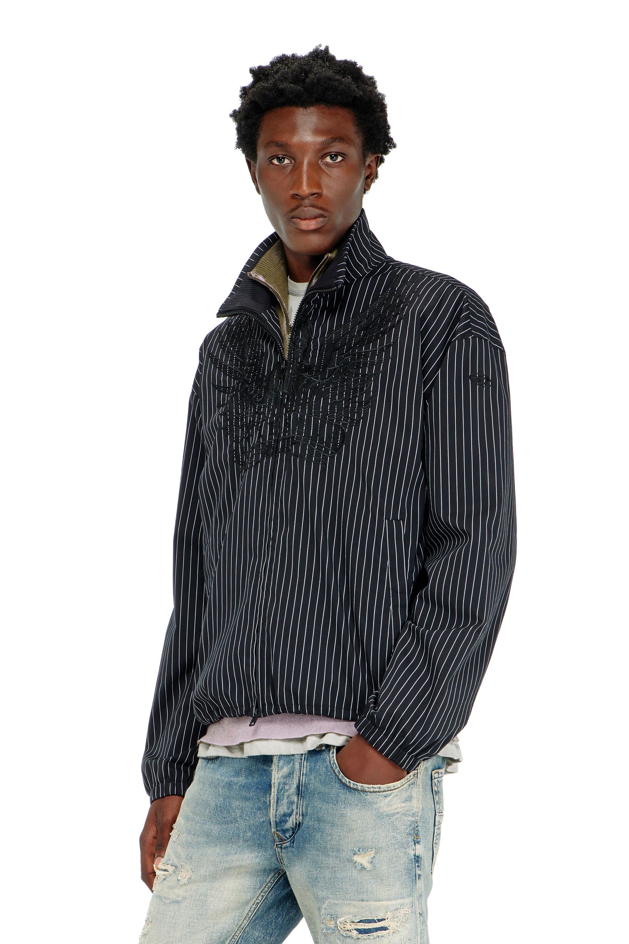 Diesel - J-CORSAR-NJCA, Giacca in nylon a righe con ricamo fenice Uomo in Nero - 1