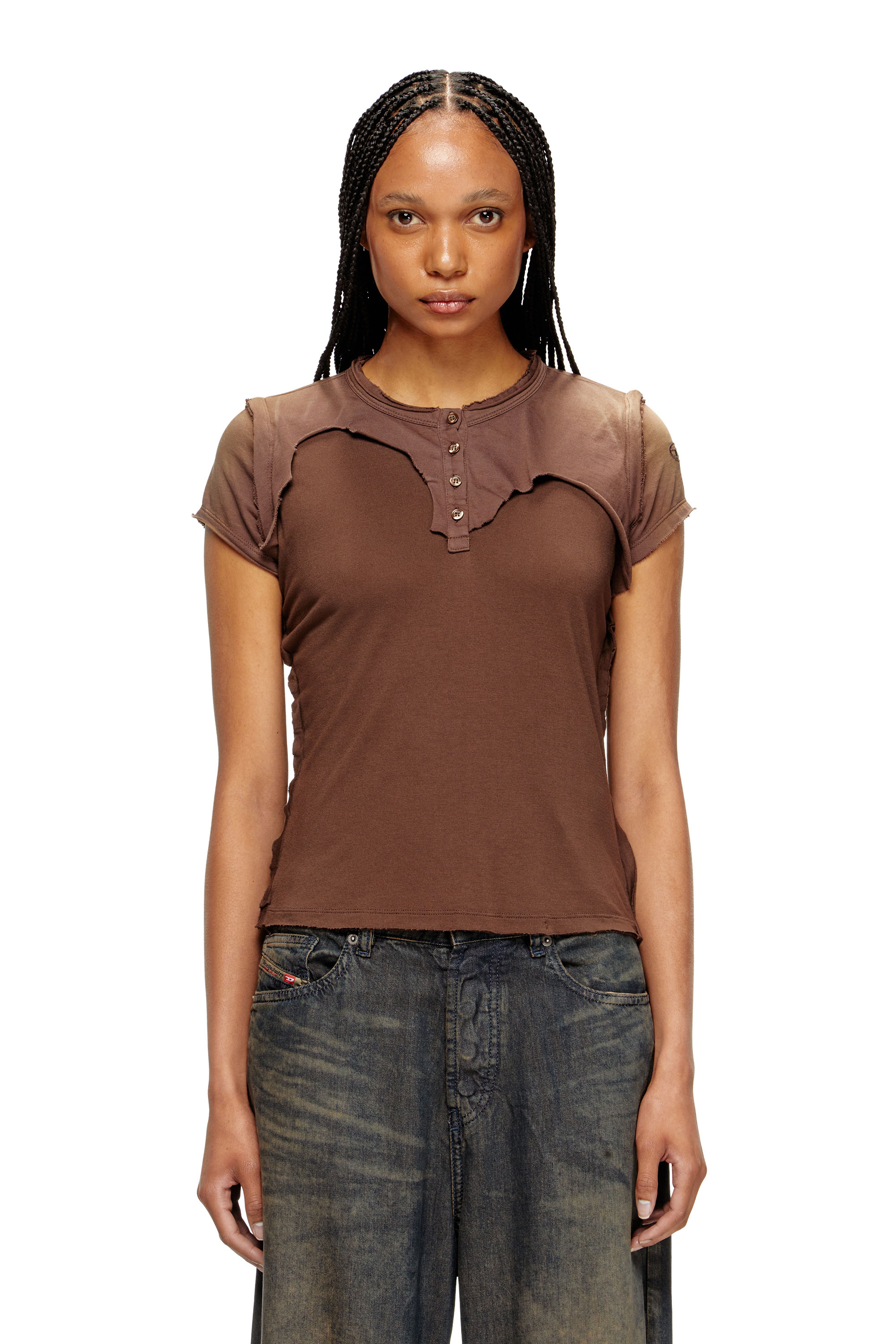 Diesel - T-UNRAWY, T-shirt Henley con effetto peel-off Donna in Marrone - 1