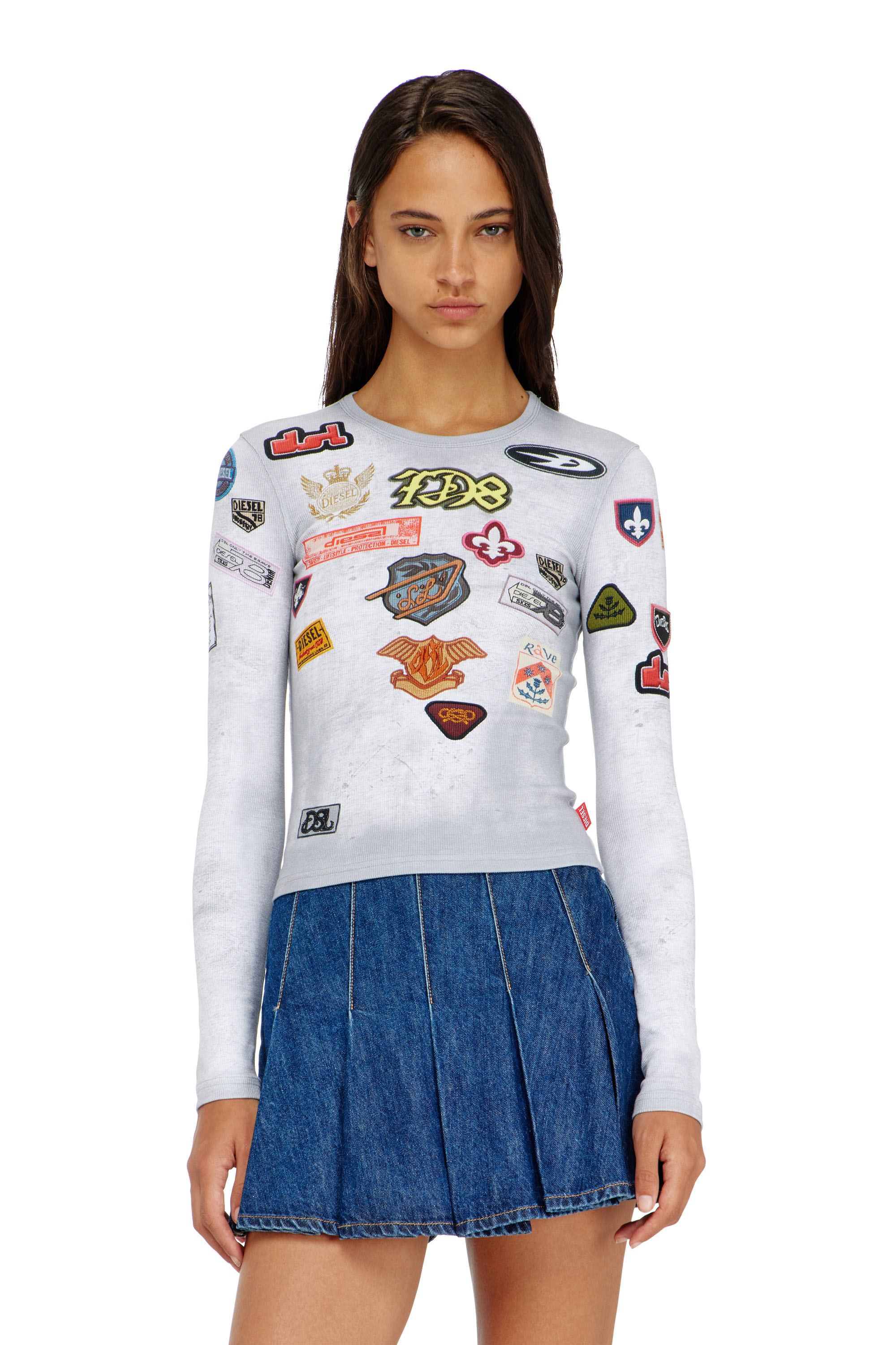 Diesel - T-ELE-LONGSLEEVE, Top in jersey a costine con stampa patch all-over Donna in ToBeDefined - 3