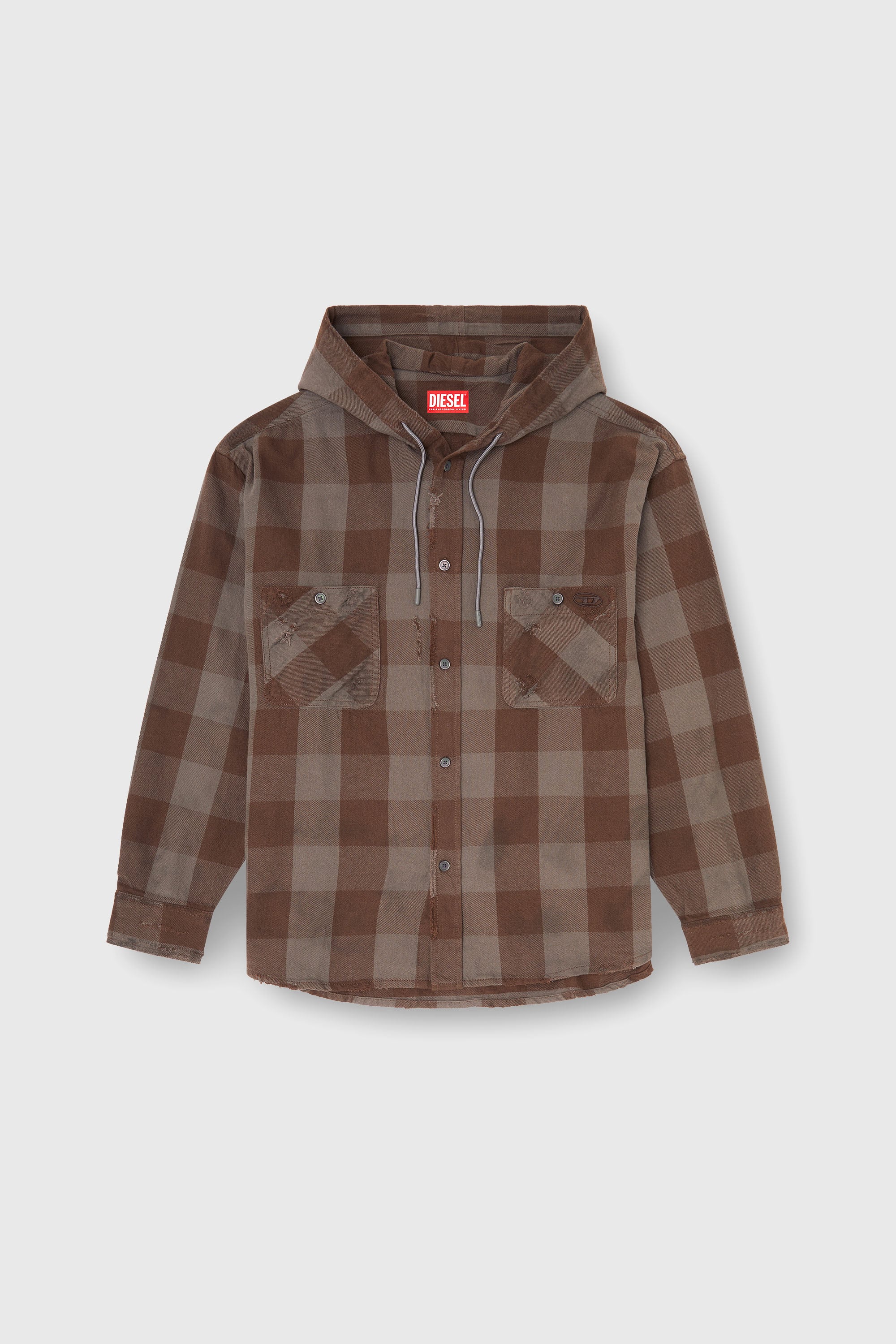 Diesel - S-DRUM-HOODY, Camicia con cappuccio effetto distressed in flanella a quadri Uomo in Marrone - 2