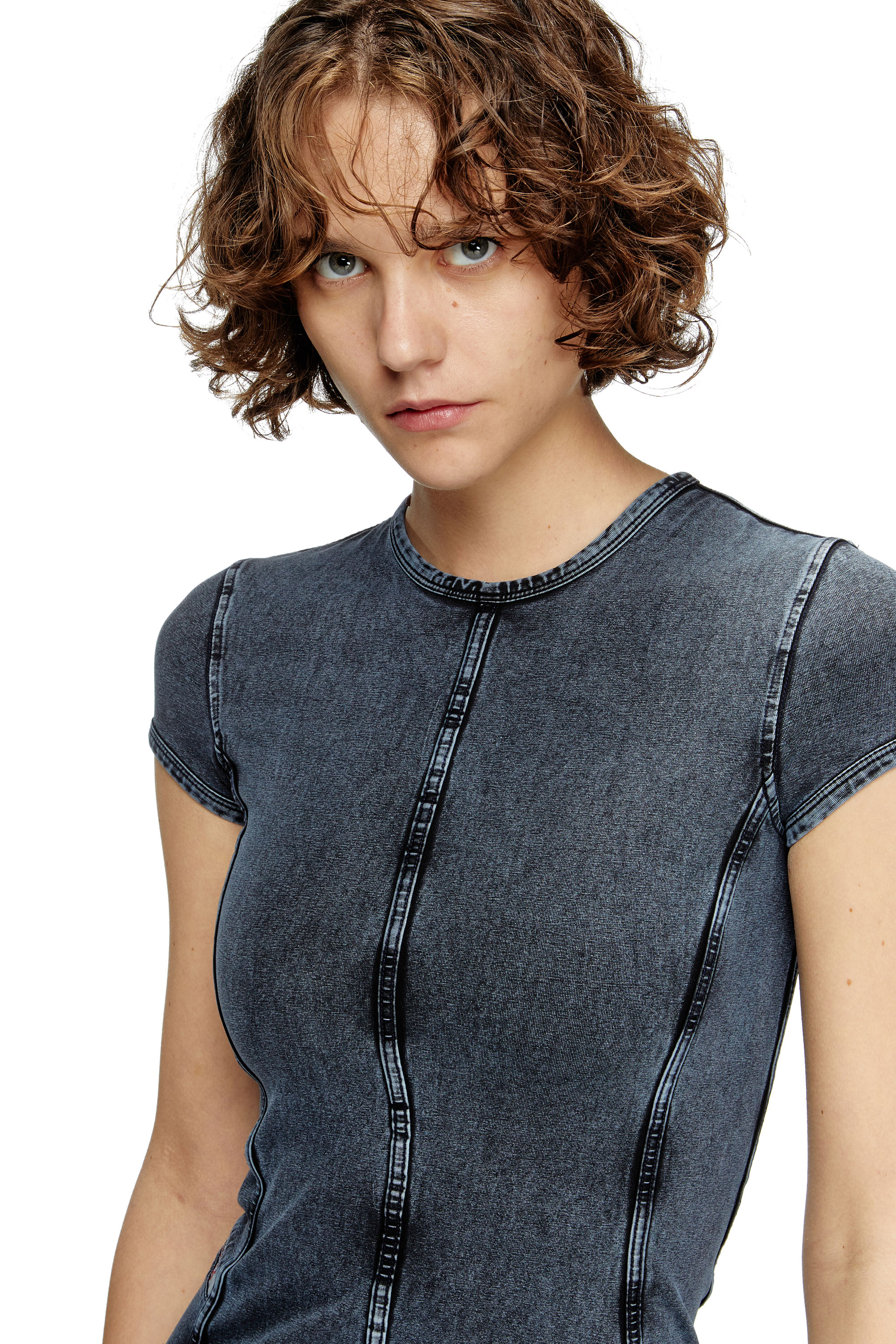 Diesel - D-CUPSLEEVES, Abito mini in jersey effetto denim Donna in Blu - 5