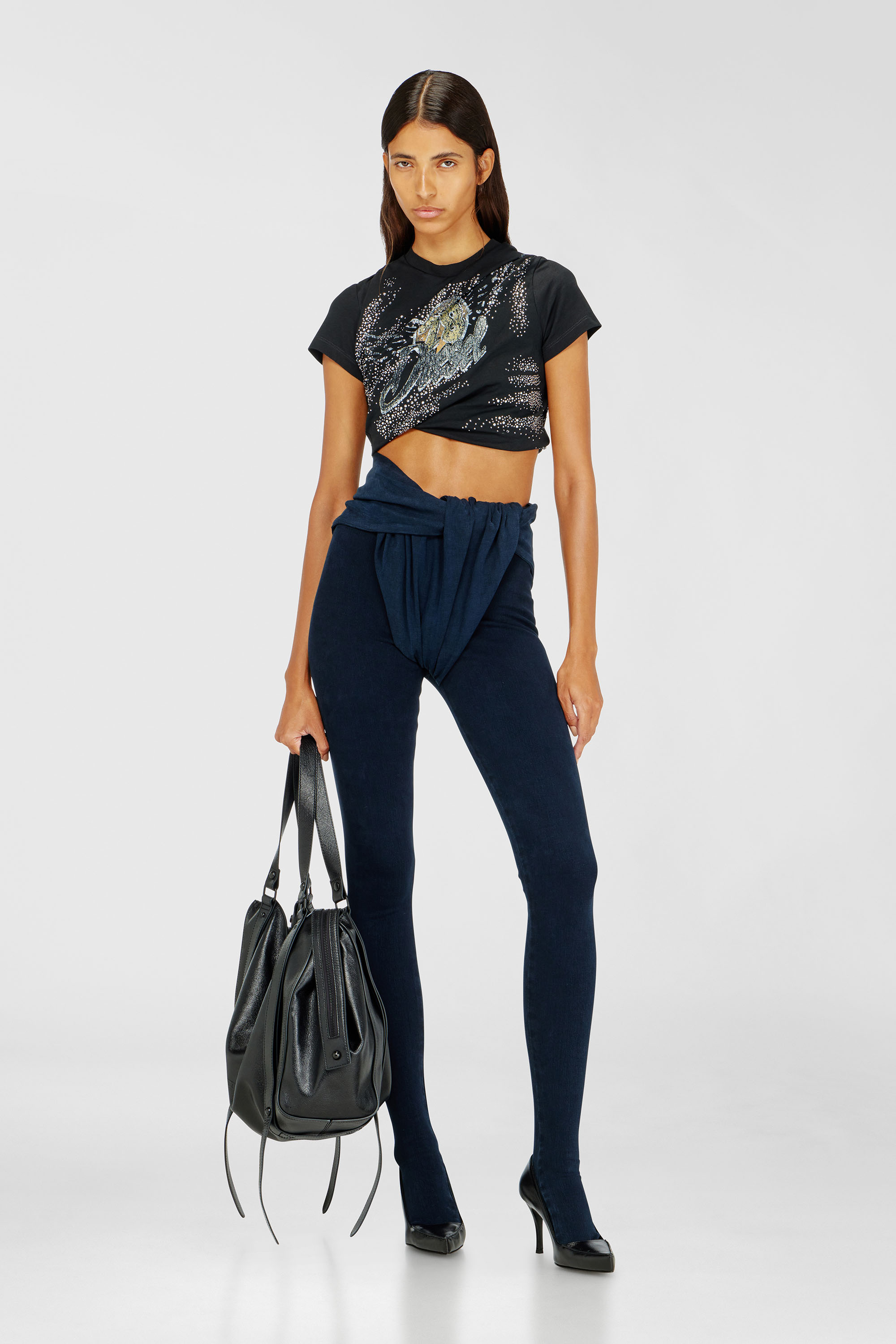 Diesel - T-WINCY, Woman's Rucked-up T-shirt in double-layer jersey in Black - 1