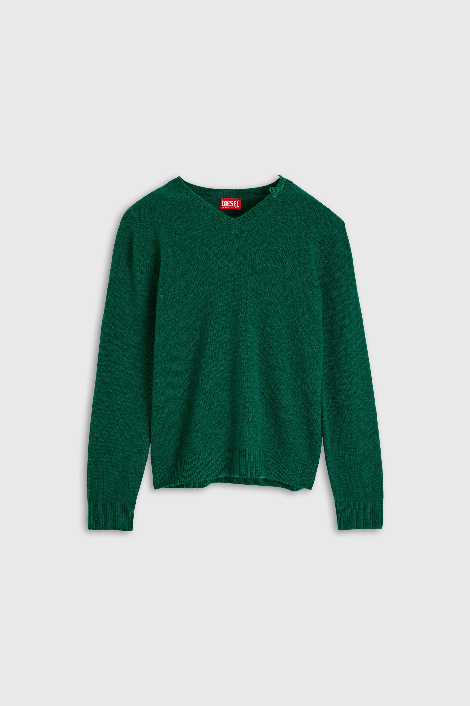 Diesel - K-IMER, Maglione in lana con scollo a V e logo sul collo Uomo in Verde - 2