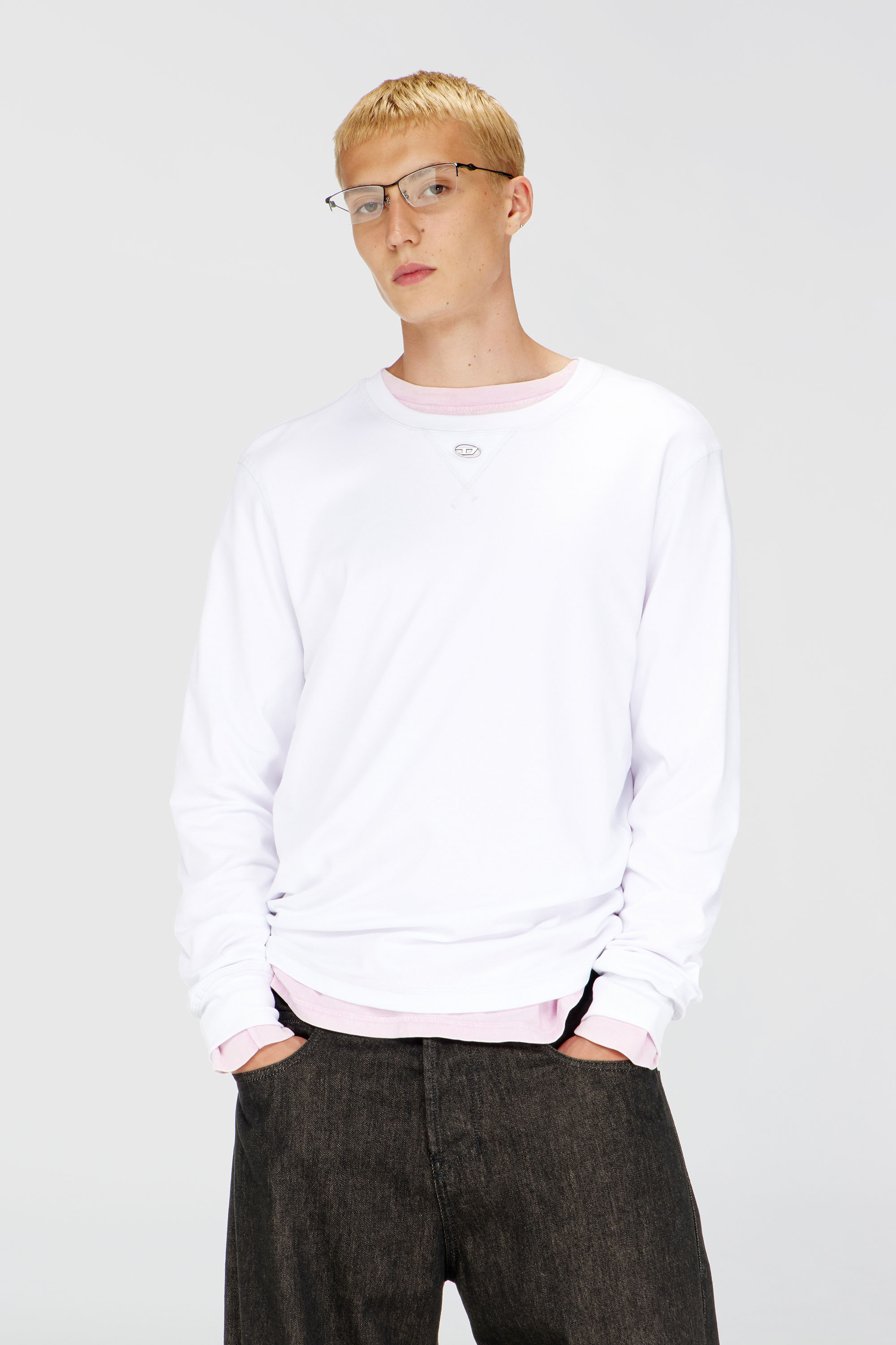 Diesel - T-MADJUST-LS-TR, Maglietta a maniche lunghe in cotone con Oval D Uomo in Bianco - 1