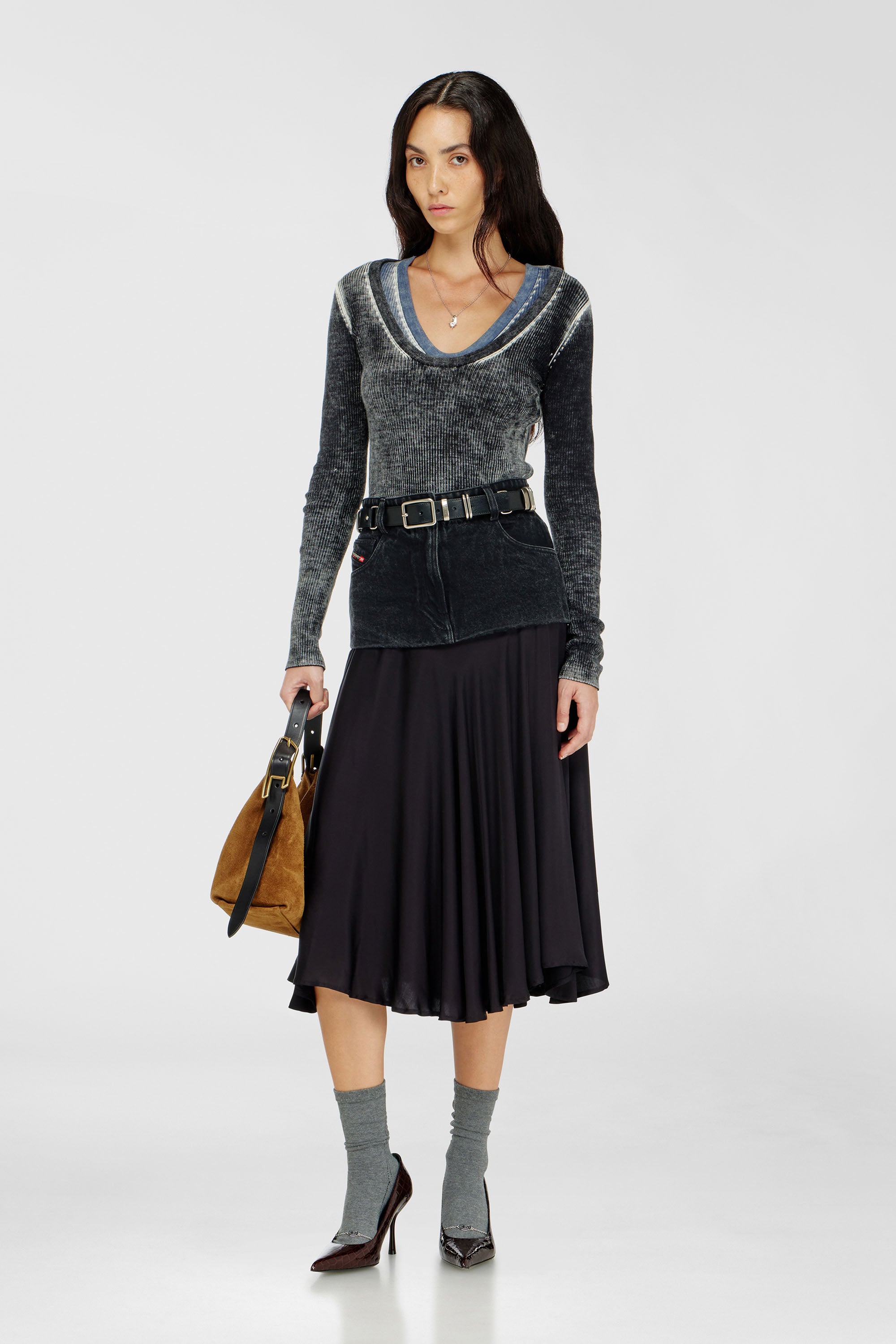 Diesel - D-LINE HOBO S, D-Line Borsa a spalla in suede cerato Donna in Marrone - 2