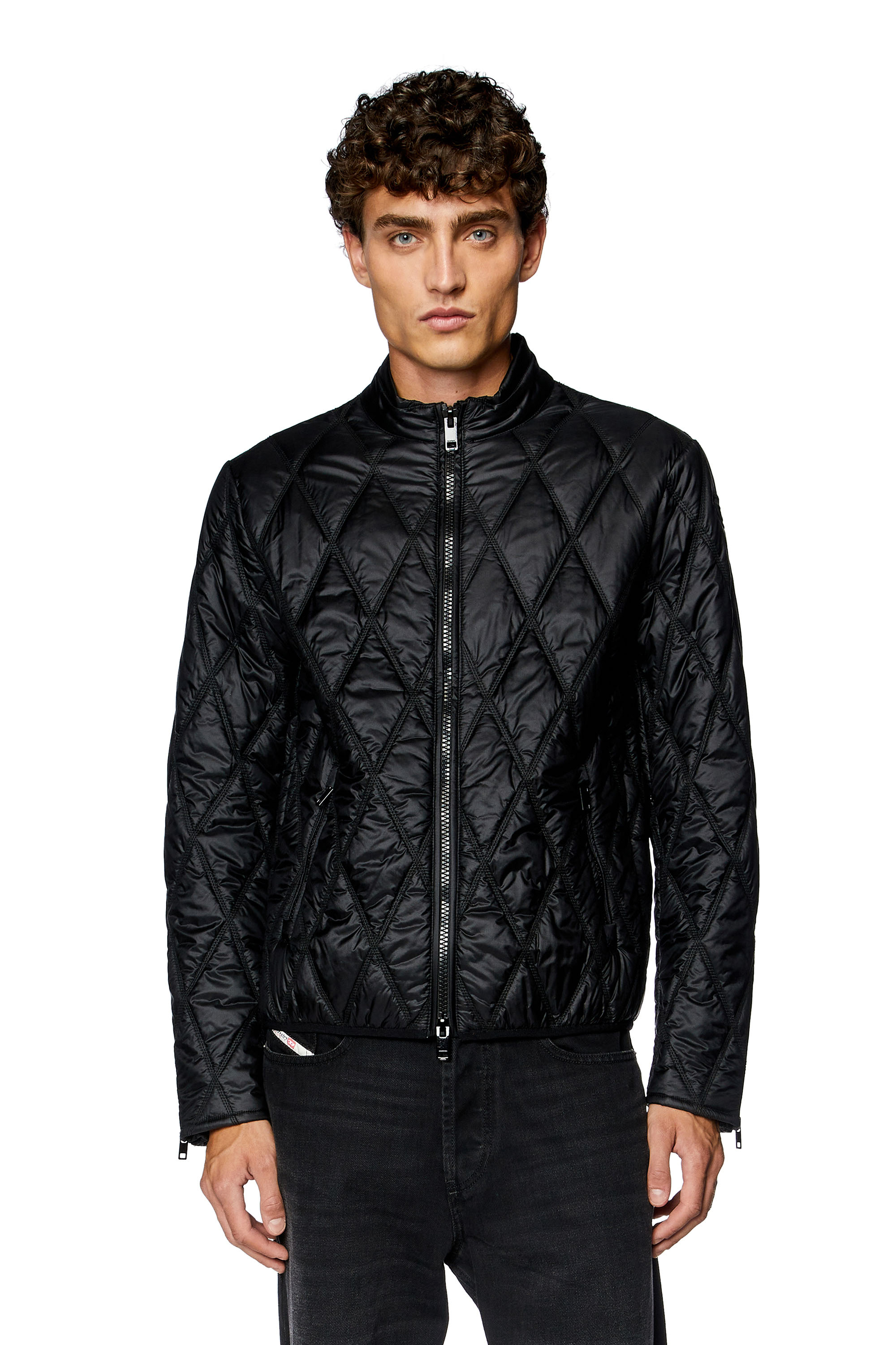Diesel - J-NIEL, Man Mock-neck jacket in quilted nylon in Black - Image 1