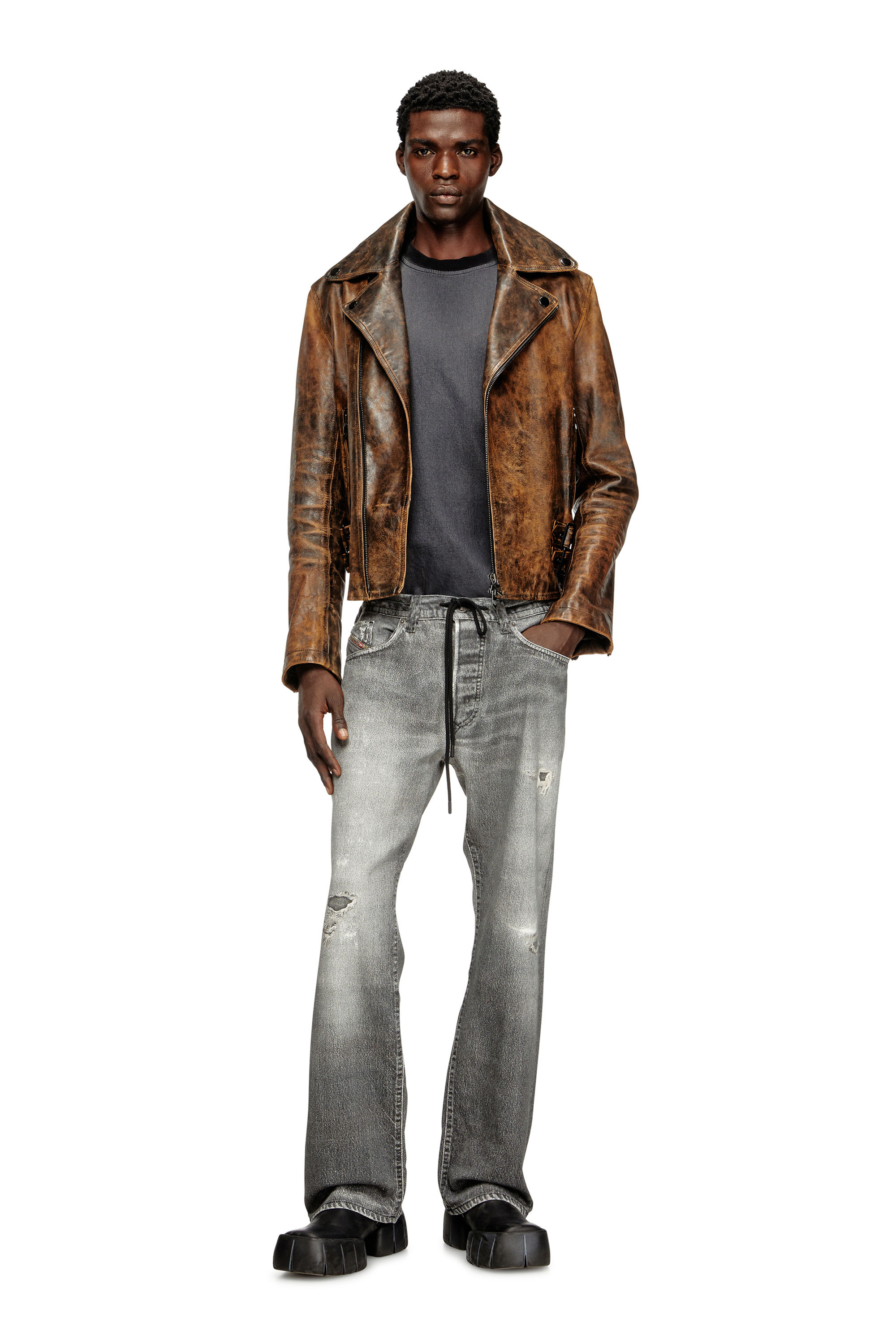 Diesel - L-EON, Giacca biker in pelle trattata Uomo in Marrone - 2