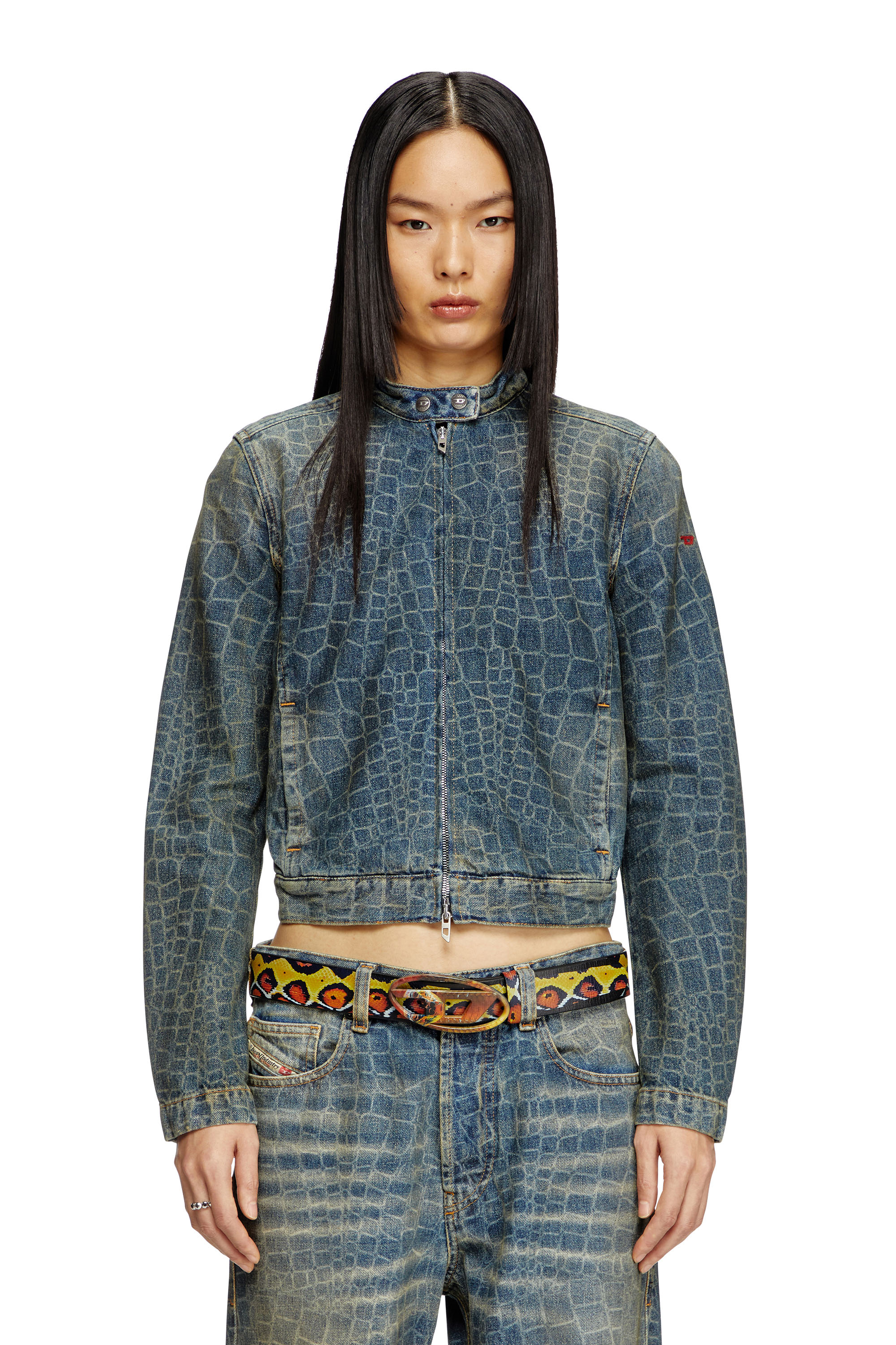 Diesel - CL-DE-MORNIN-SNAKE, Giacca stile moto in denim stampa snake Donna in Blu - 1