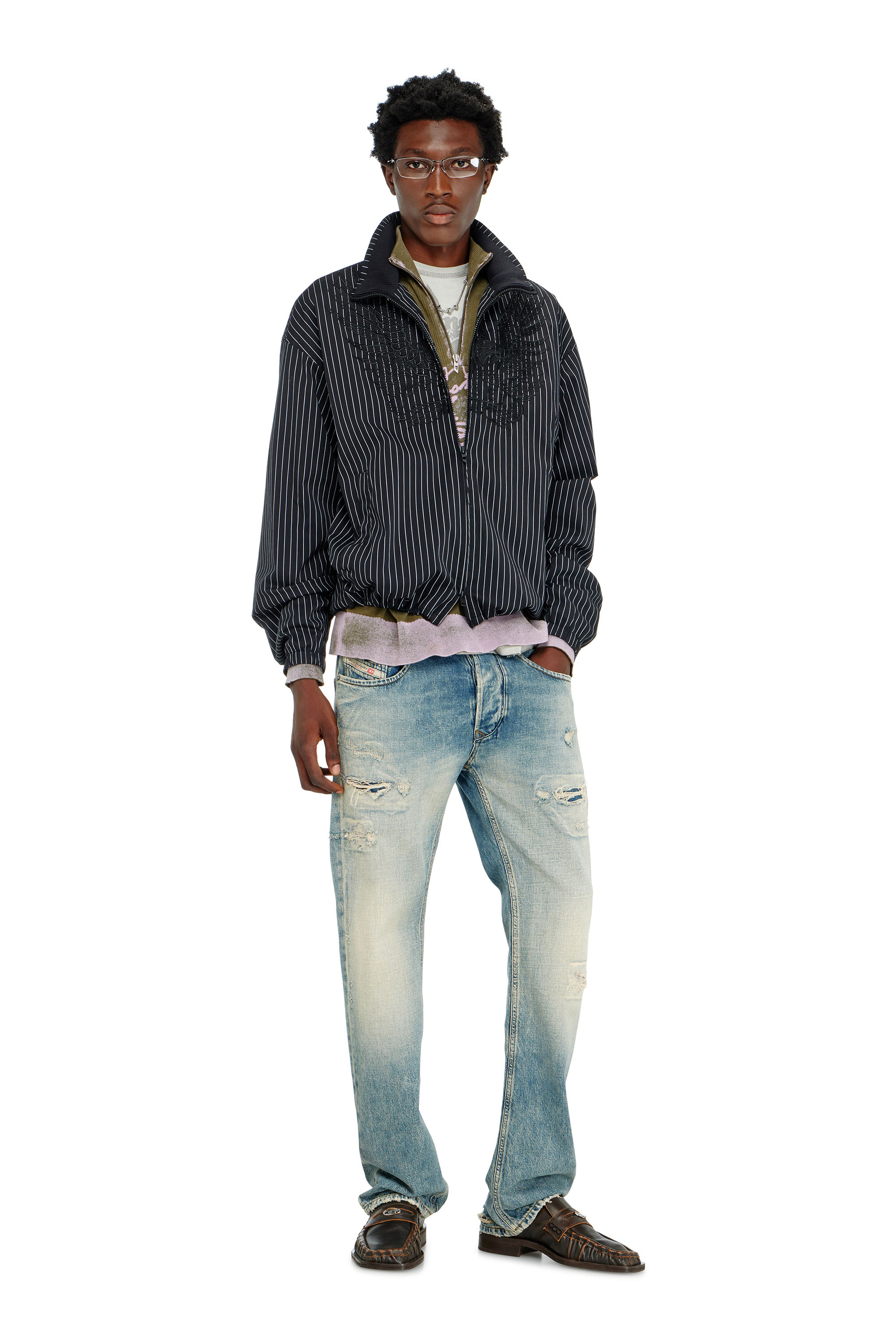 Diesel - J-CORSAR-NJCA, Giacca in nylon a righe con ricamo fenice Uomo in Nero - 2