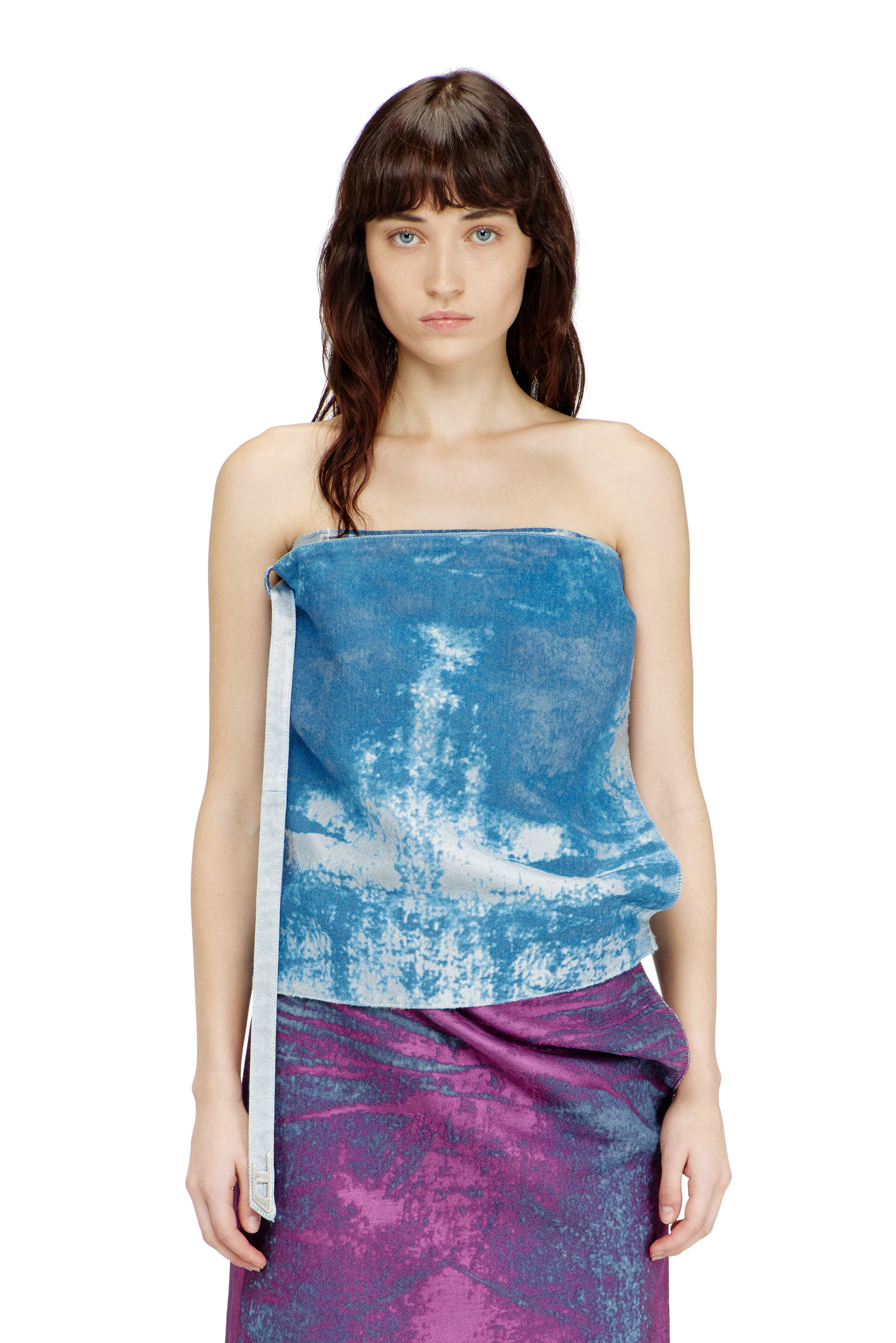 Diesel - DE-SANDIE-FSI, Top smanicato in satin denim colorato Donna in Blu - 1