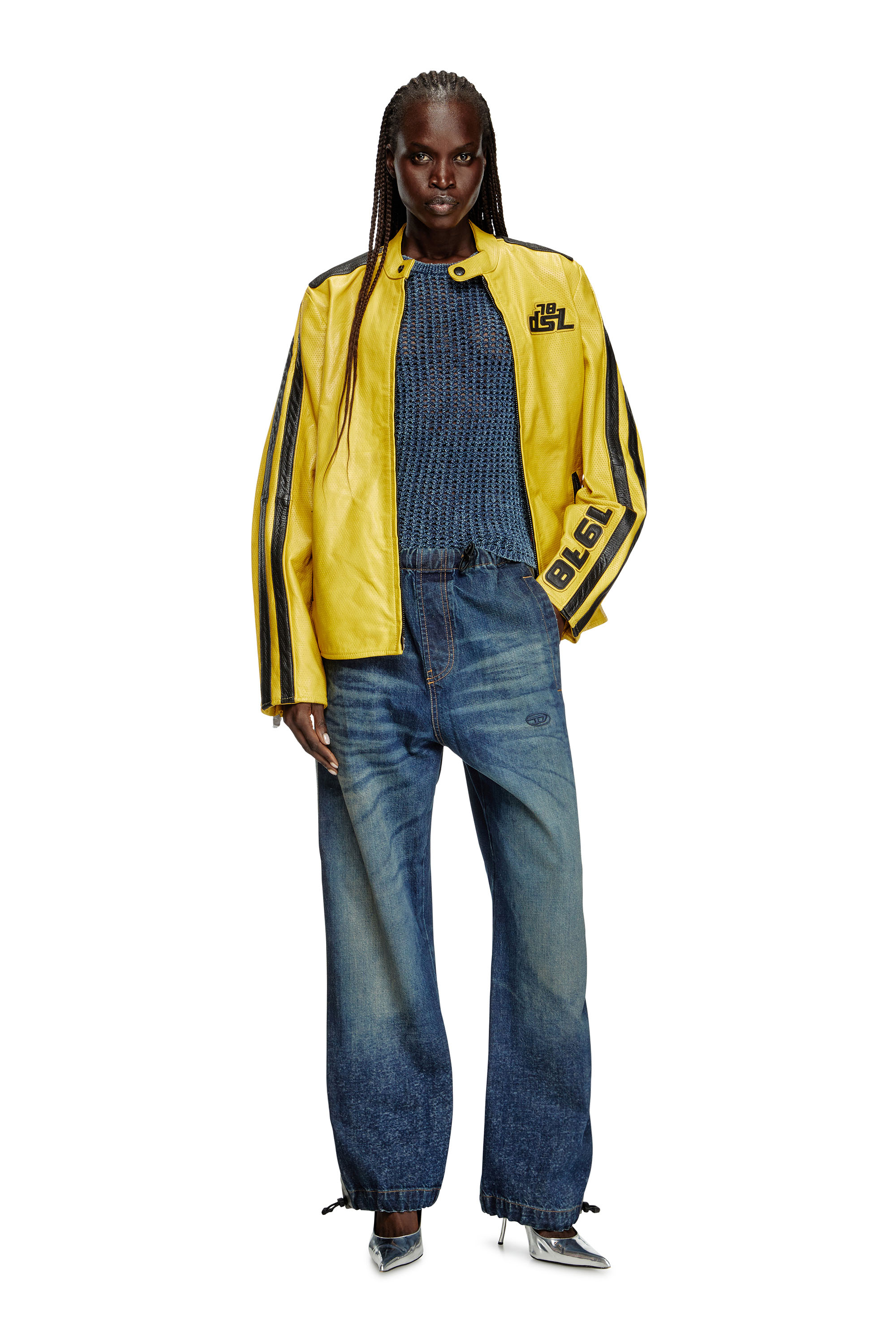 Diesel - L-POP, Giacca biker in pelle traforata Unisex in Giallo - 7