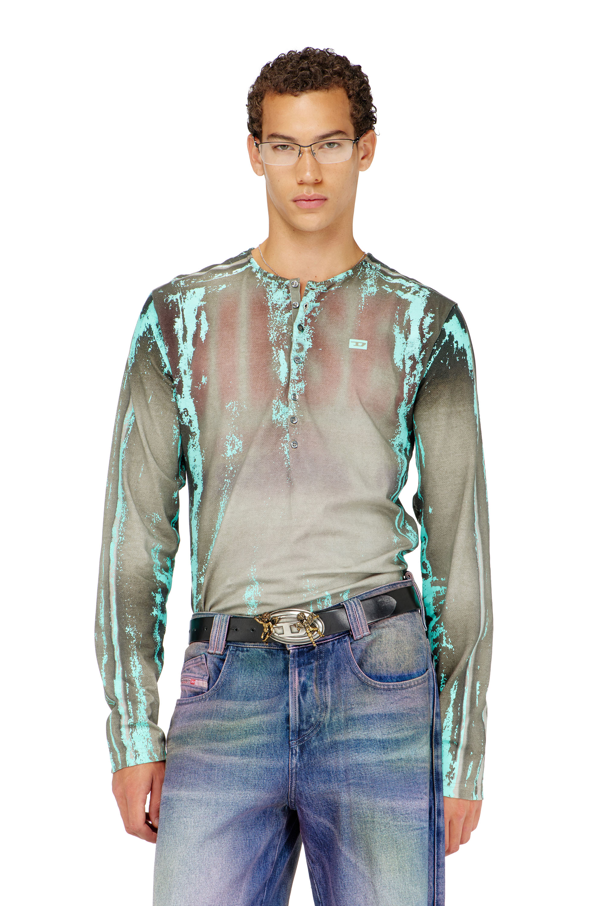 Diesel - T-FYNO-ML, Grandad T-shirt in jersey effetto pelle craquel&eacute; Uomo in Verde - 1