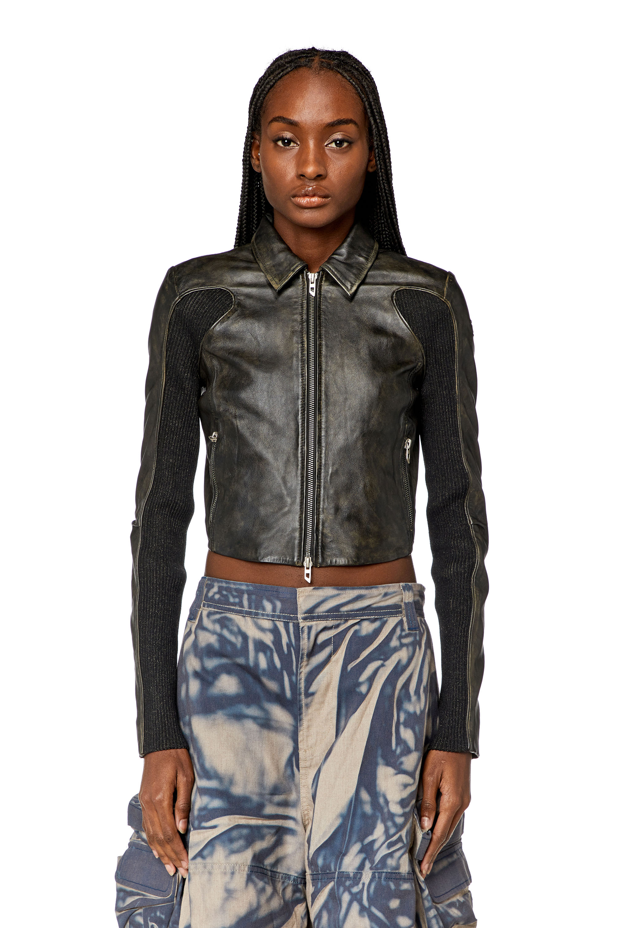 Diesel - L-TOTEM, Woman Cropped leather jacket with knit panels in Multicolor - Image 6
