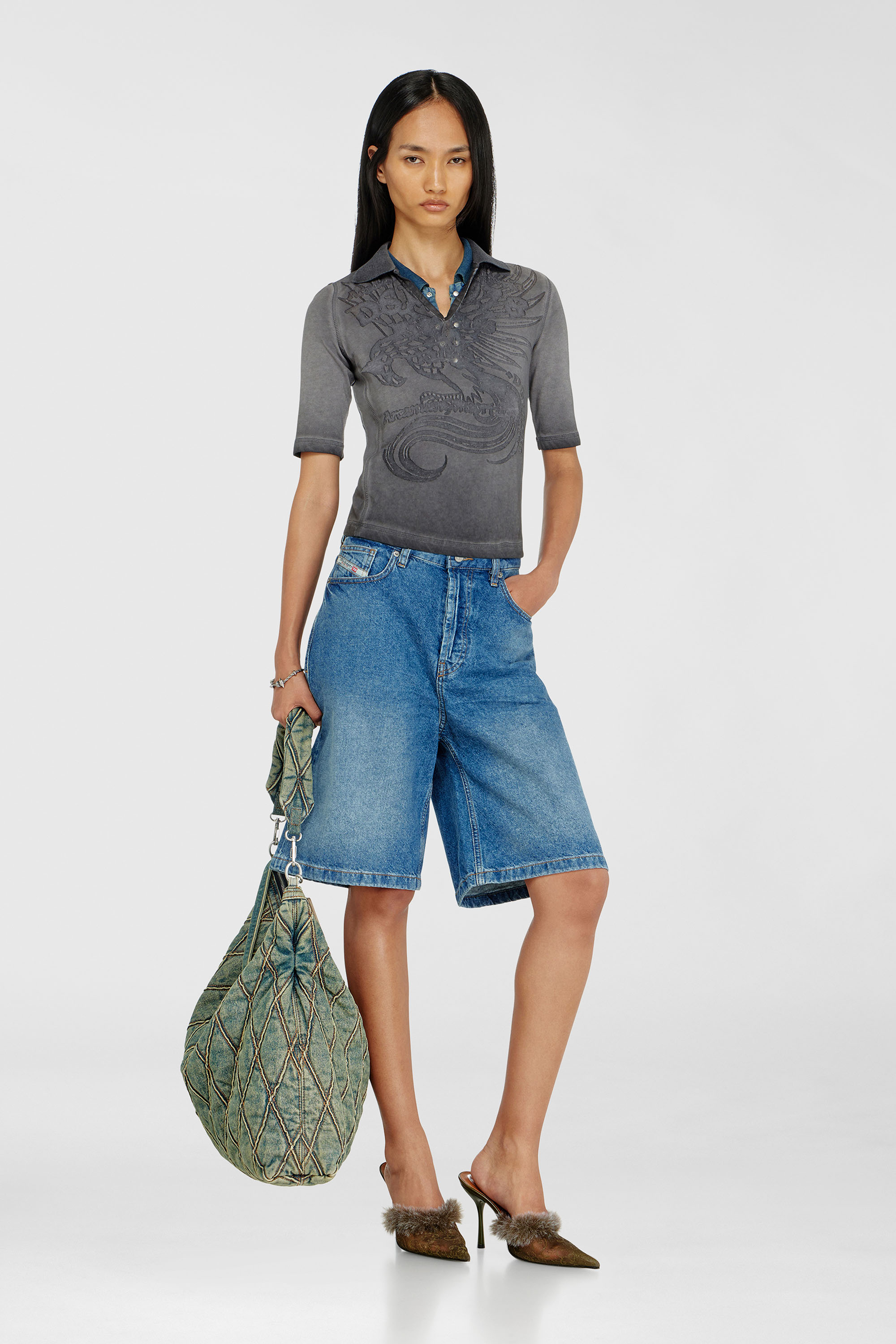 Diesel - T-BEA, Polo slim con stampa d&eacute;vor&eacute; Donna in Grigio - 2