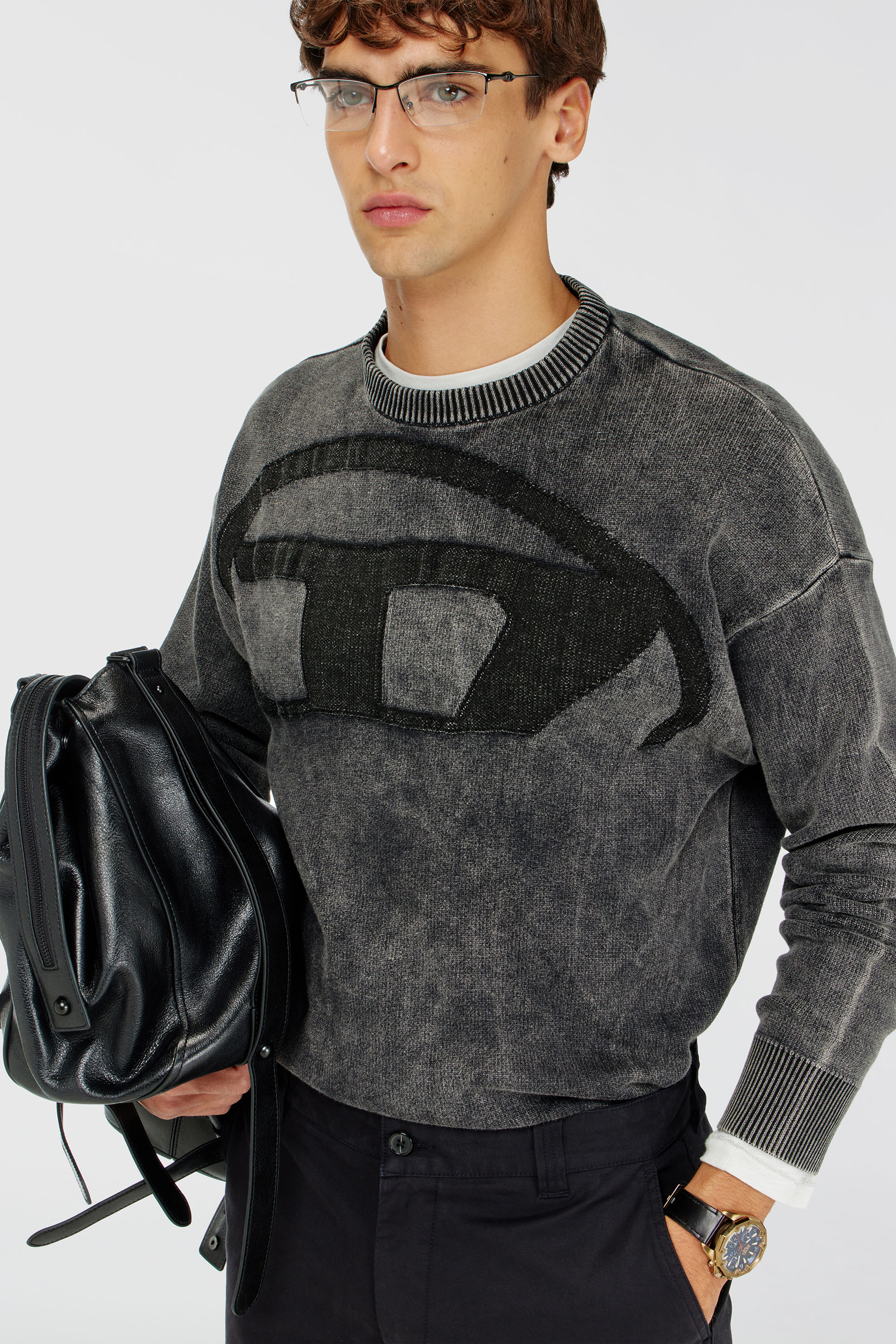 Diesel - K-UTTER, Man's Denim-effect jumper with Oval D logo in Black - 1