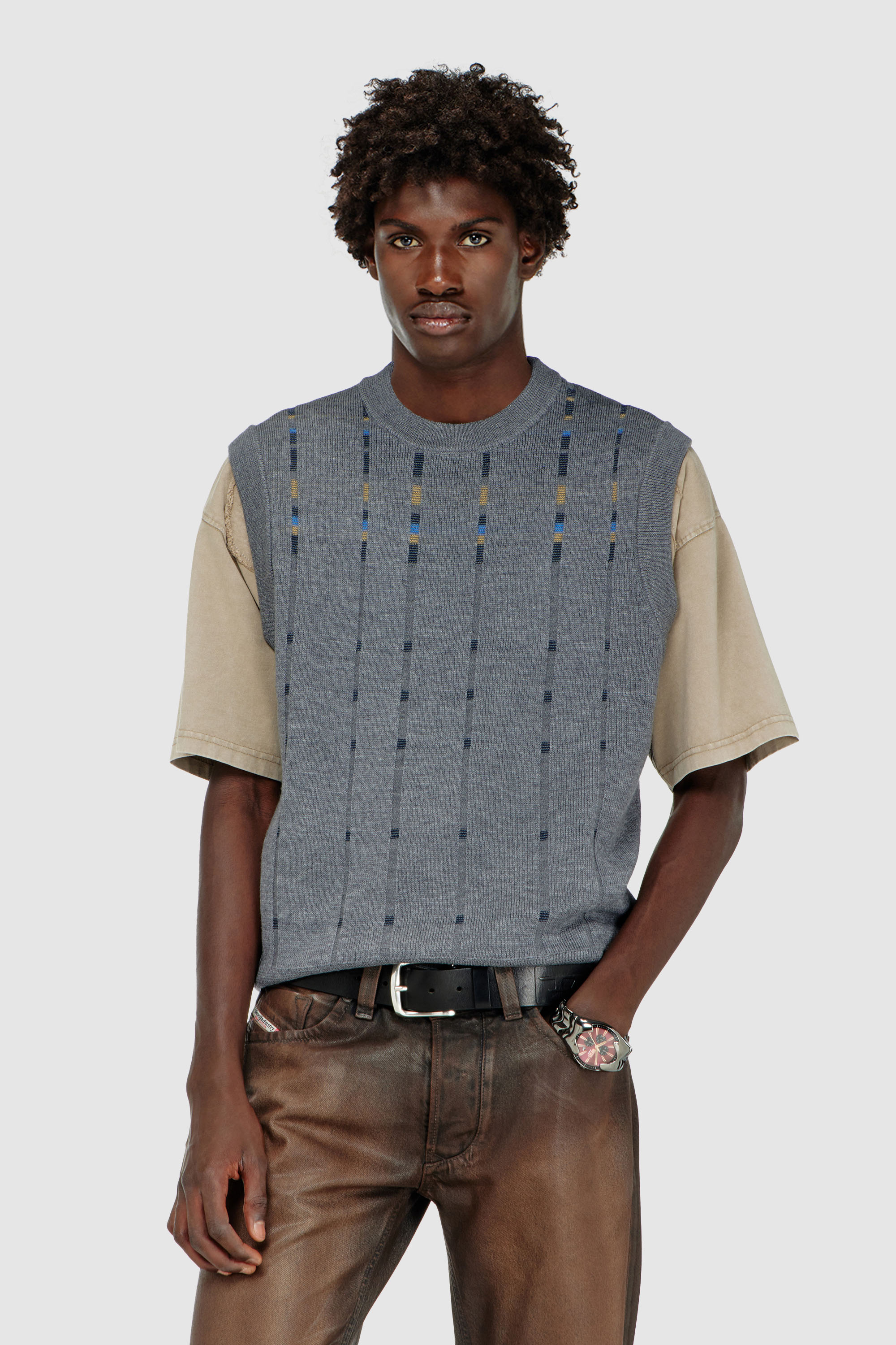 Diesel - K-ROERI, Gilet in lana con effetto check Uomo in Grigio - 1