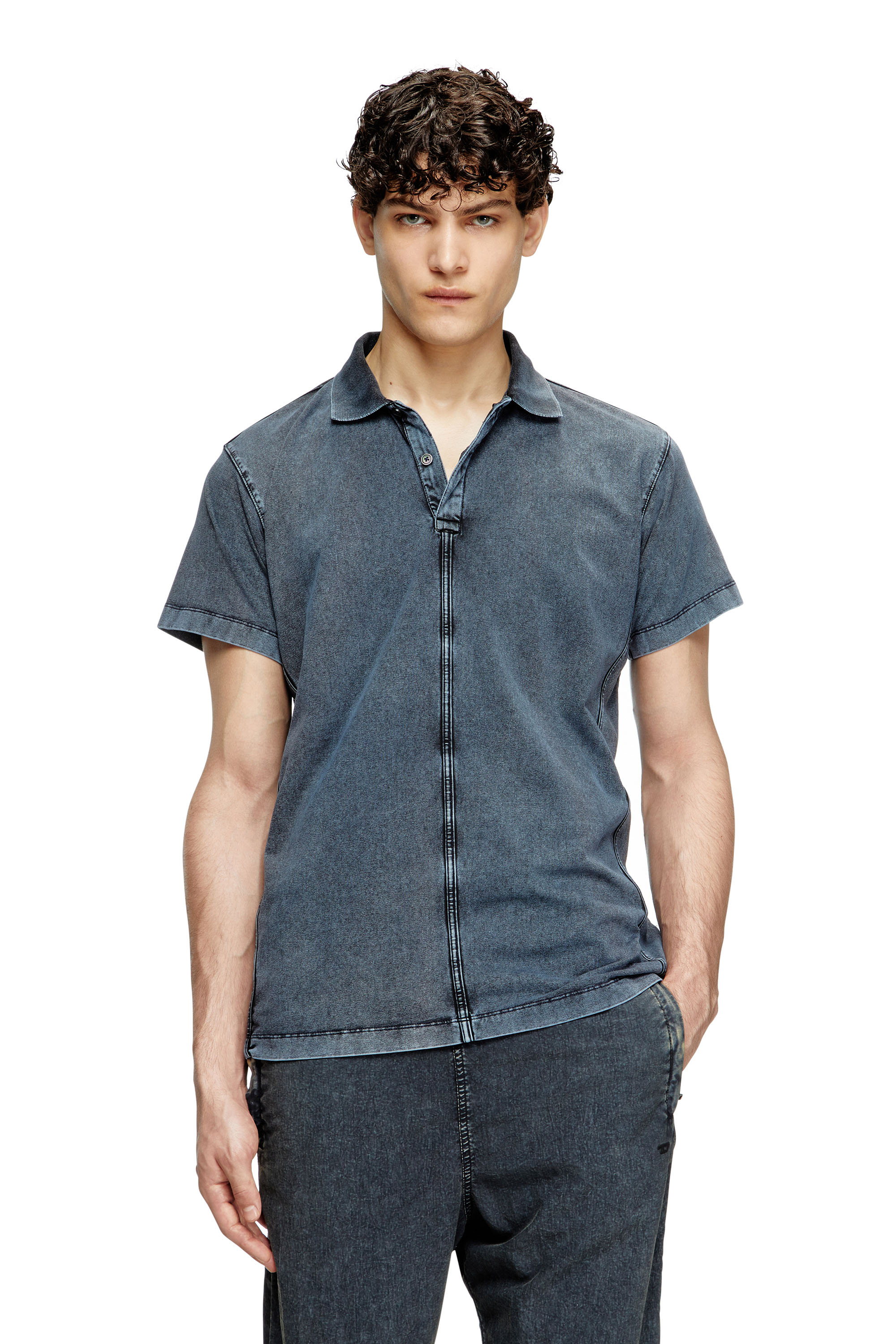 Diesel - T-NOMELY, Polo in jersey effetto denim Uomo in Blu - 1