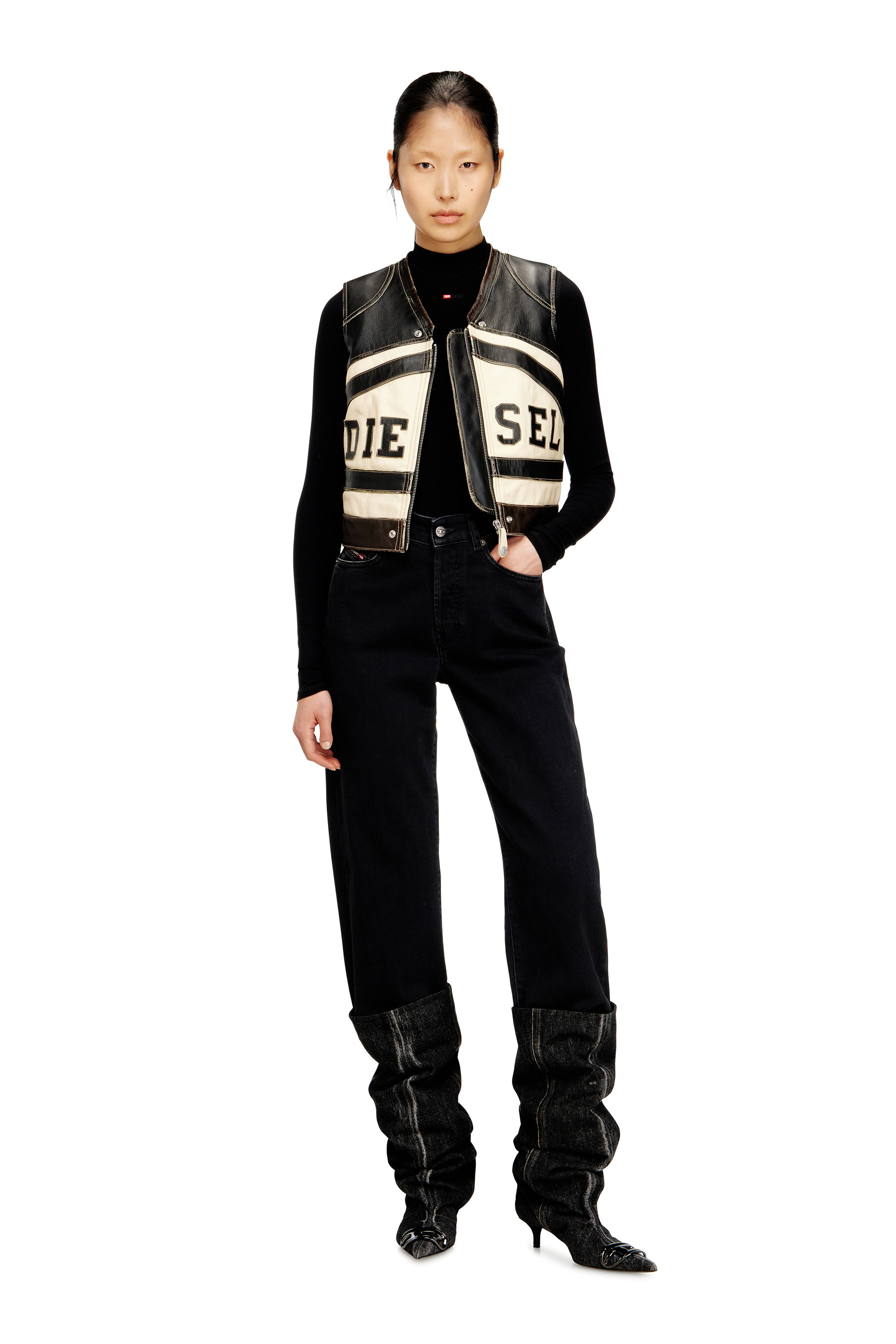 Diesel - L-FLYCOU-20TH, Gilet in pelle con logo frontale e bande a contrasto Donna in Multicolor - 2