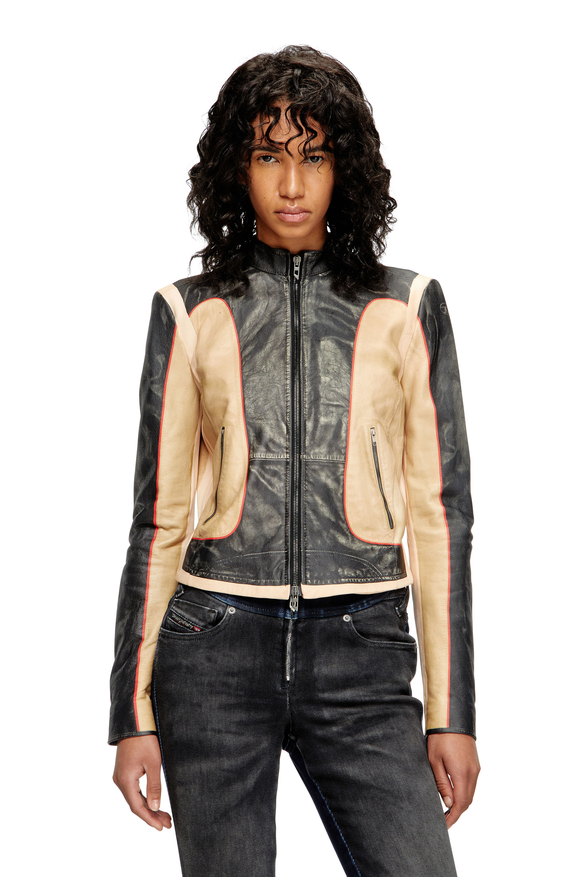 Diesel - L-OONIE, Giacca biker in pelle effetto trompe l'oeil Donna in ToBeDefined - 1