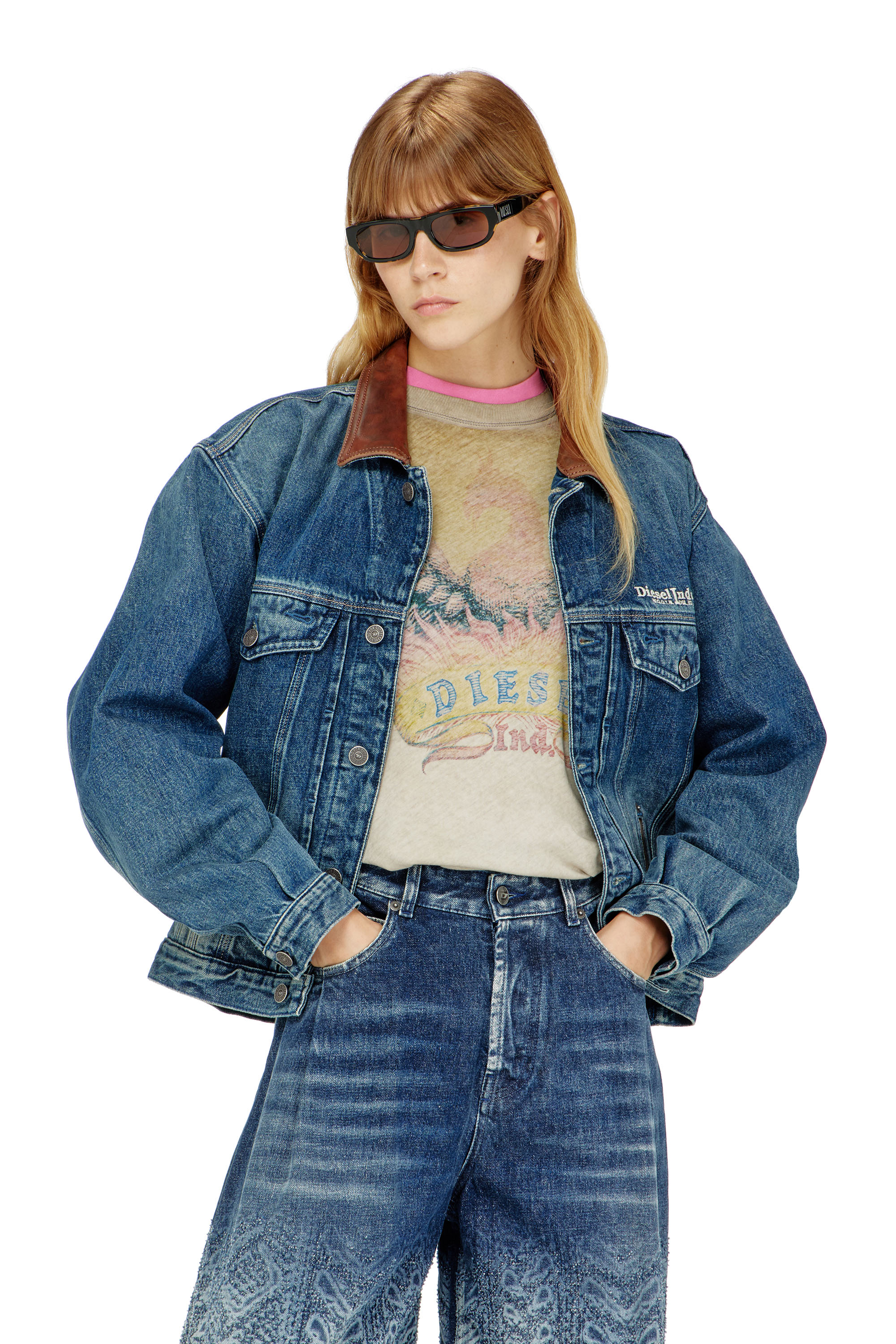 Diesel - D-DENVER-S1, Unisex's Denim trucker jacket with contrast leather trims in Blue - 1