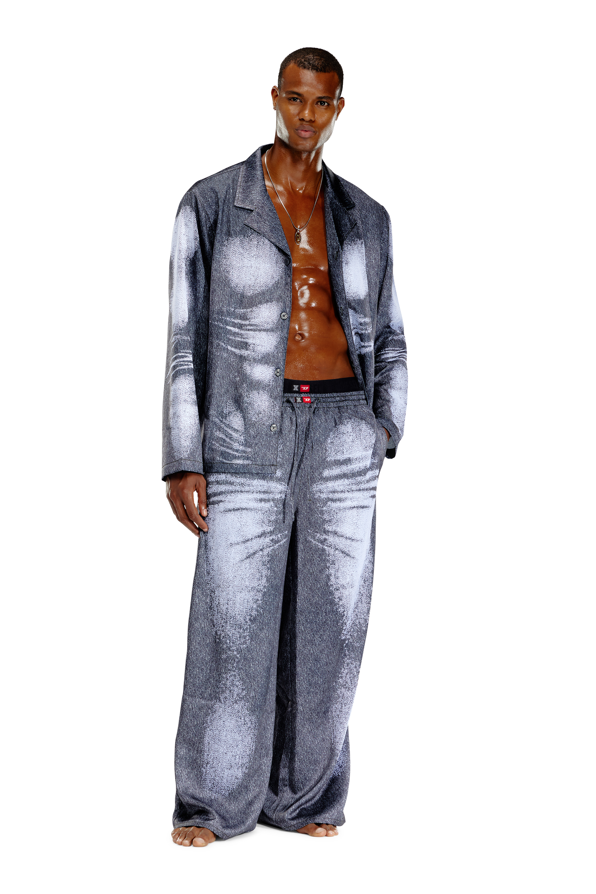 Diesel - STAINS-AND-TROMPE-SLEEP-PANT, Pantaloni pyjama in raso stampa denim Unisex in Grigio - 1