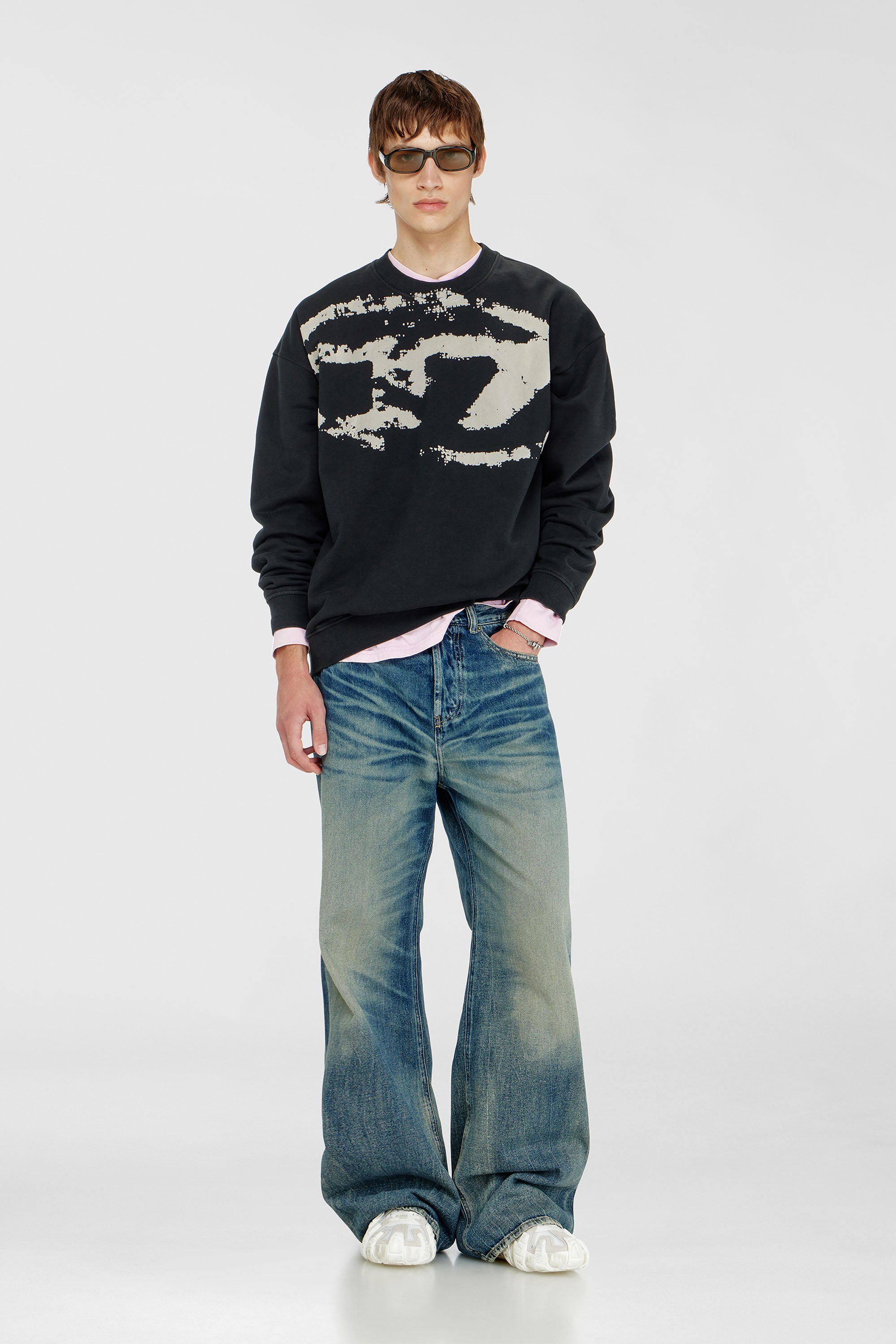 Diesel - S-BOXT-N5, Felpa in cotone con logo Oval D floccato Uomo in Nero - 1