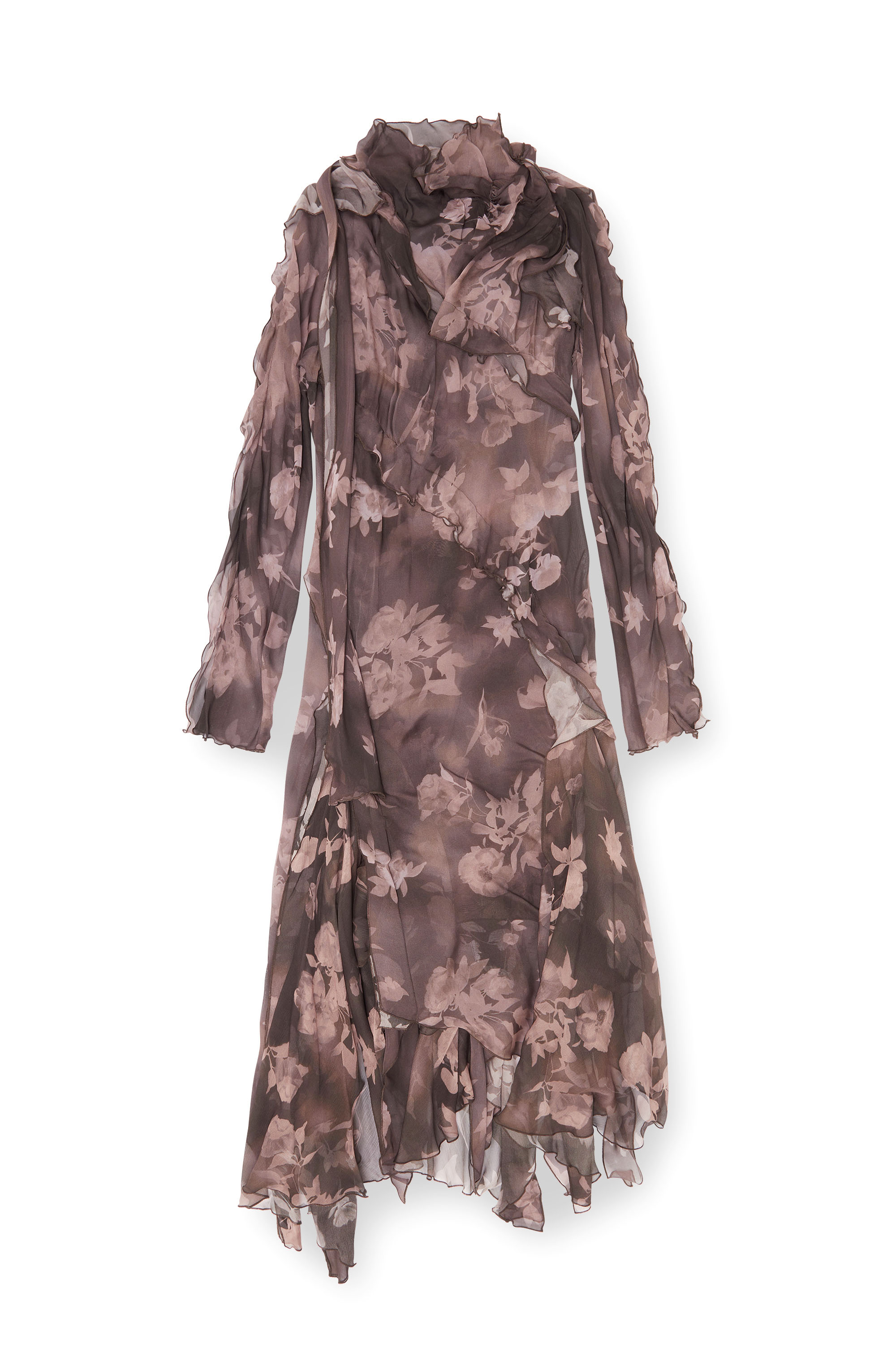 Diesel - D-RIADI, Abito midi asimmetrico in chiffon e cr&ecirc;pe di seta Donna in Marrone - 1