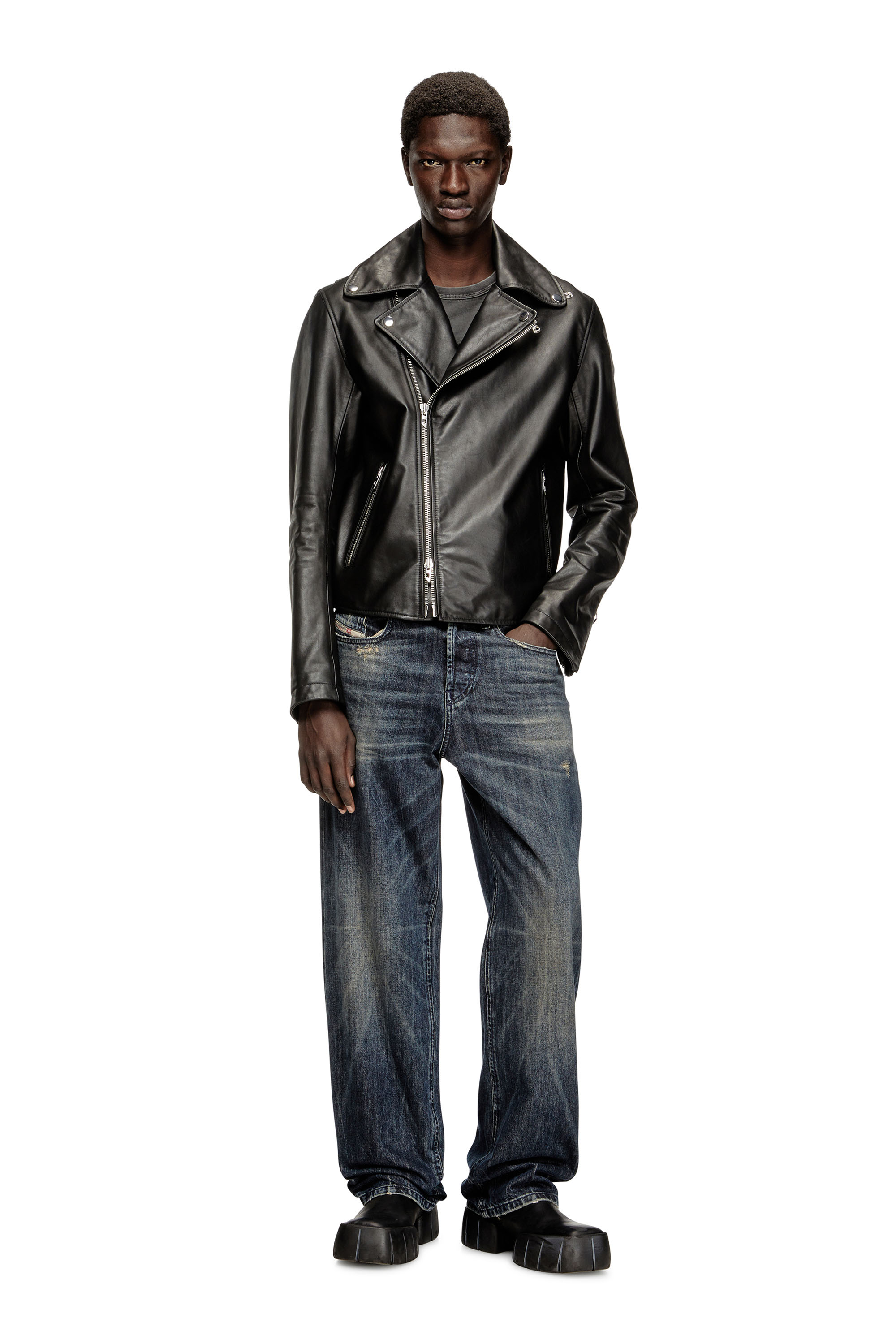 Diesel - L-EO-WRD, Giacca biker in pelle cerata Uomo in Nero - 1