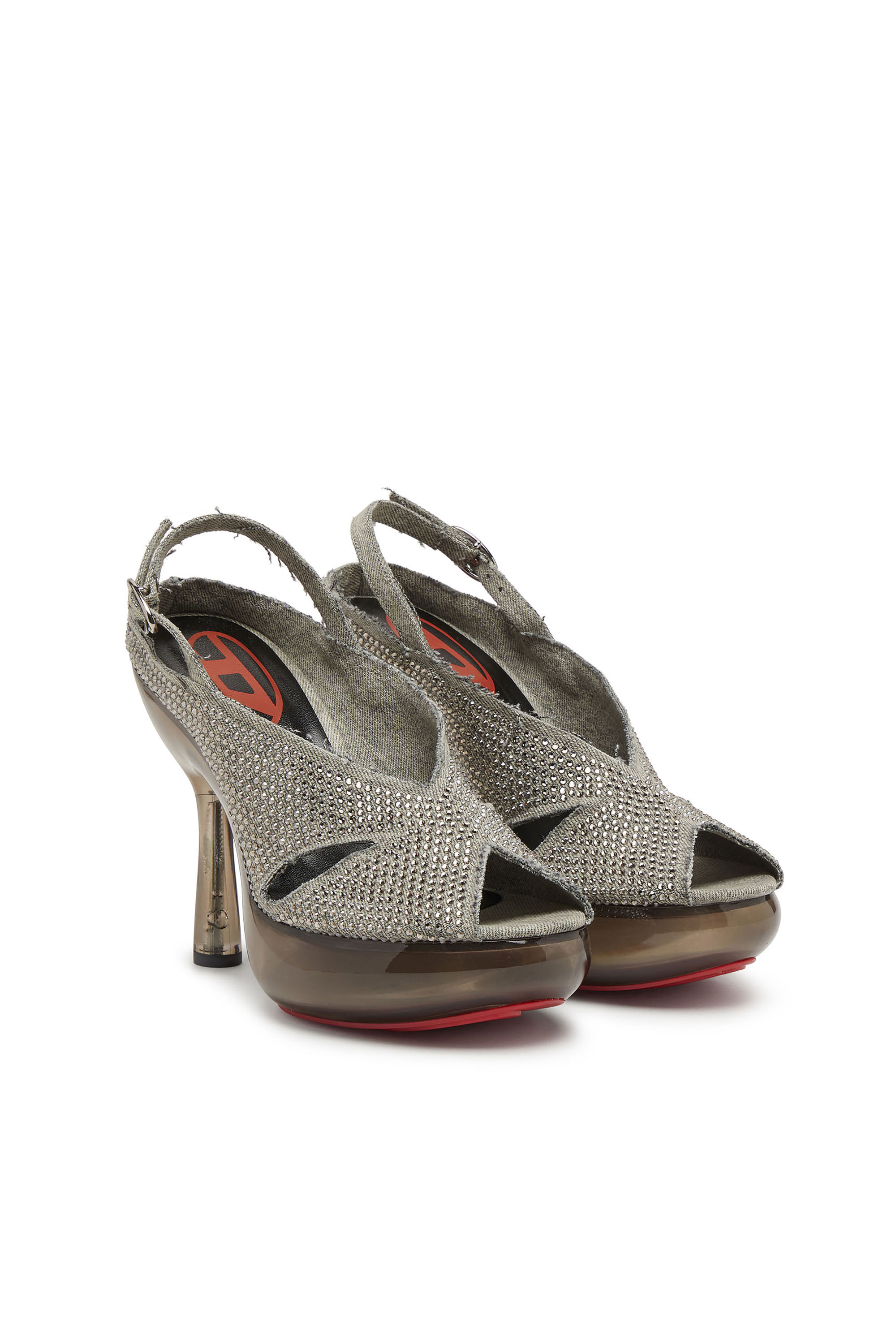 Diesel - D-LAKE PLATFORM SDL, D-Lake-Sandali platform in denim con strass e plexiglass Donna in Grigio - 3